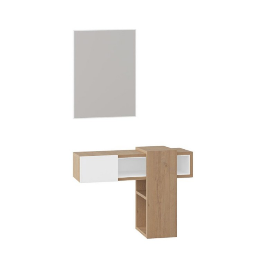 Mobile ingresso "Elfo" rovere bianco con specchio cassetto e vani a giorno