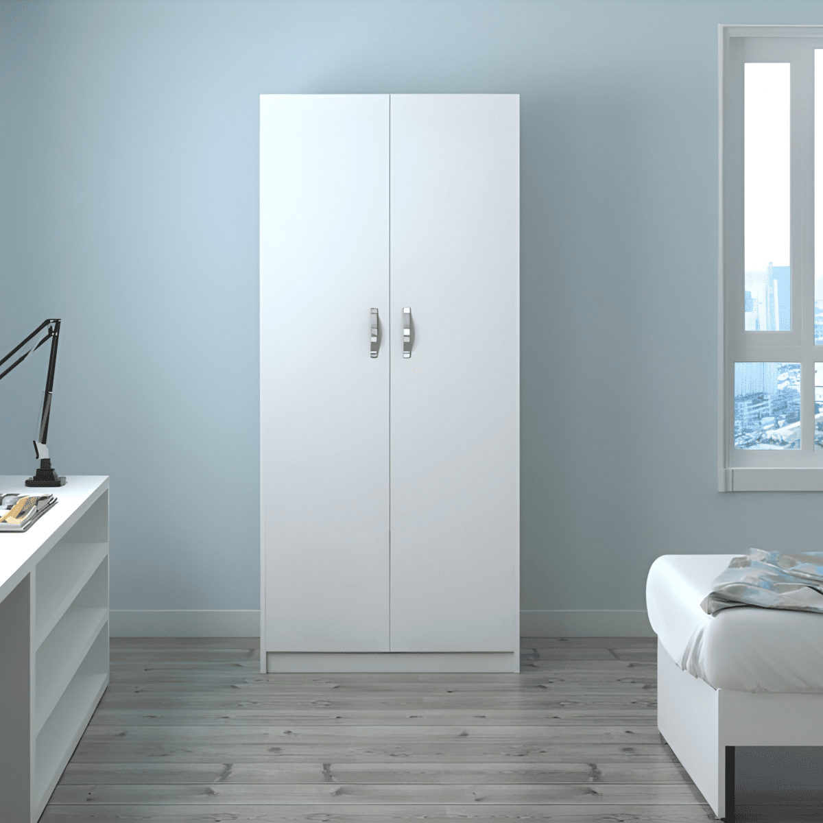 Armadio in legno bianco "Modern" a 2 ante con appendiabiti e 2 ripiani cm 91x52 210h - MondoViro