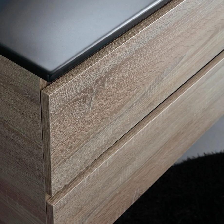 Mobile bagno sospeso 2 cassetti "Berlino100" color rovere con lavabo nero e specchio