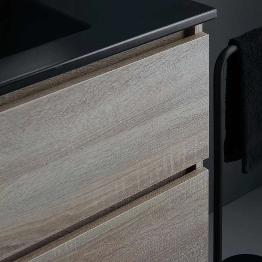 Mobile bagno sospeso 2 cassetti "Berlino80" color rovere con lavabo nero e specchio