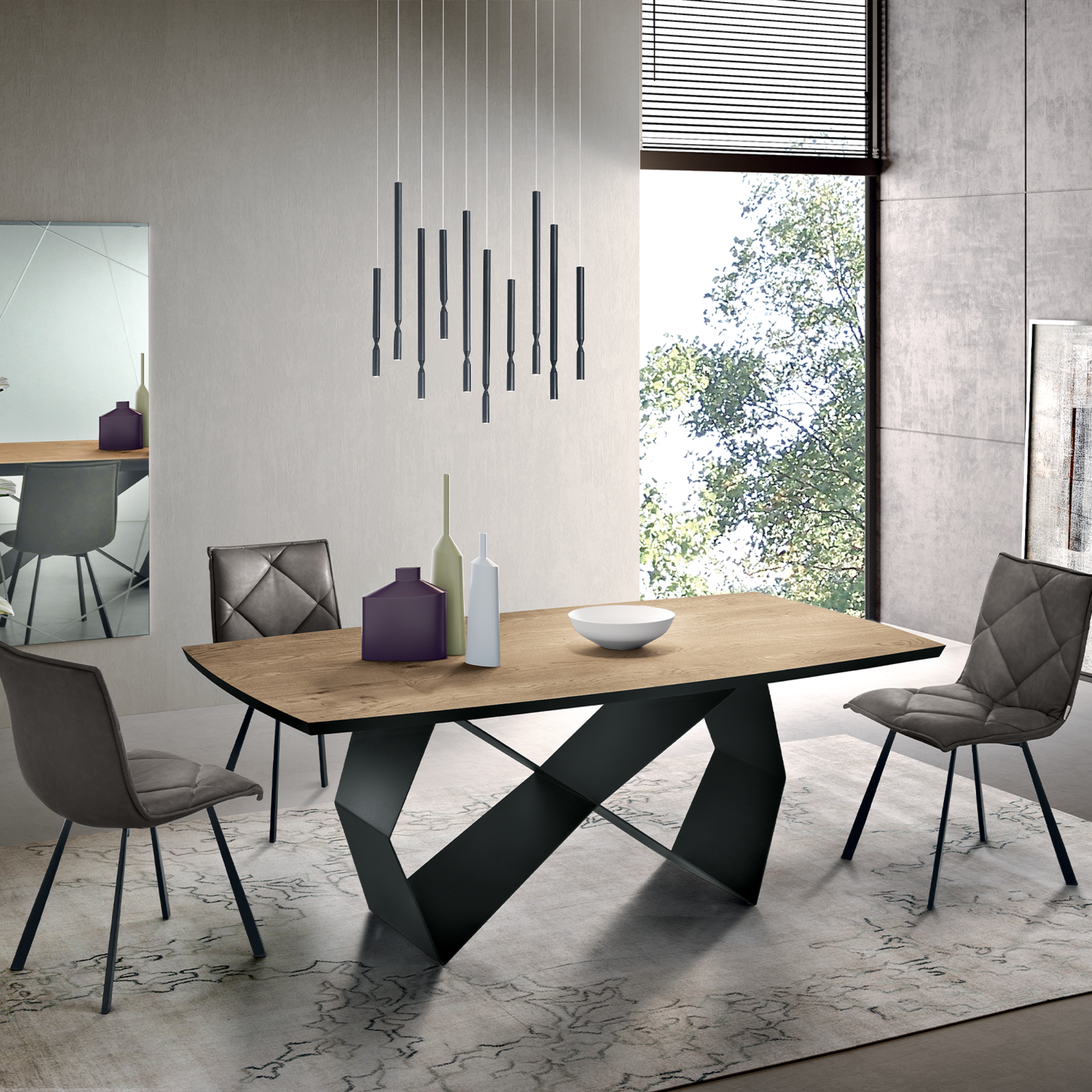 Tavolo allungabile da pranzo "Reina" con base in metallo e piano in rovere cm 200/300x100 75h