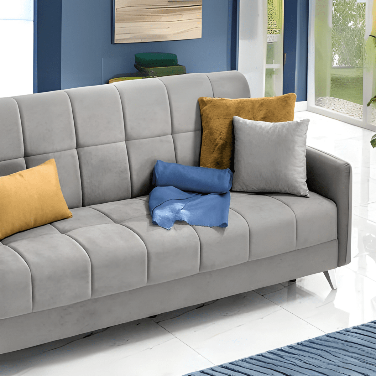 Divano letto a 3 posti contenitore "Santi Bacos" in velluto con 2 cuscini cm 211x92 98h - MondoViro