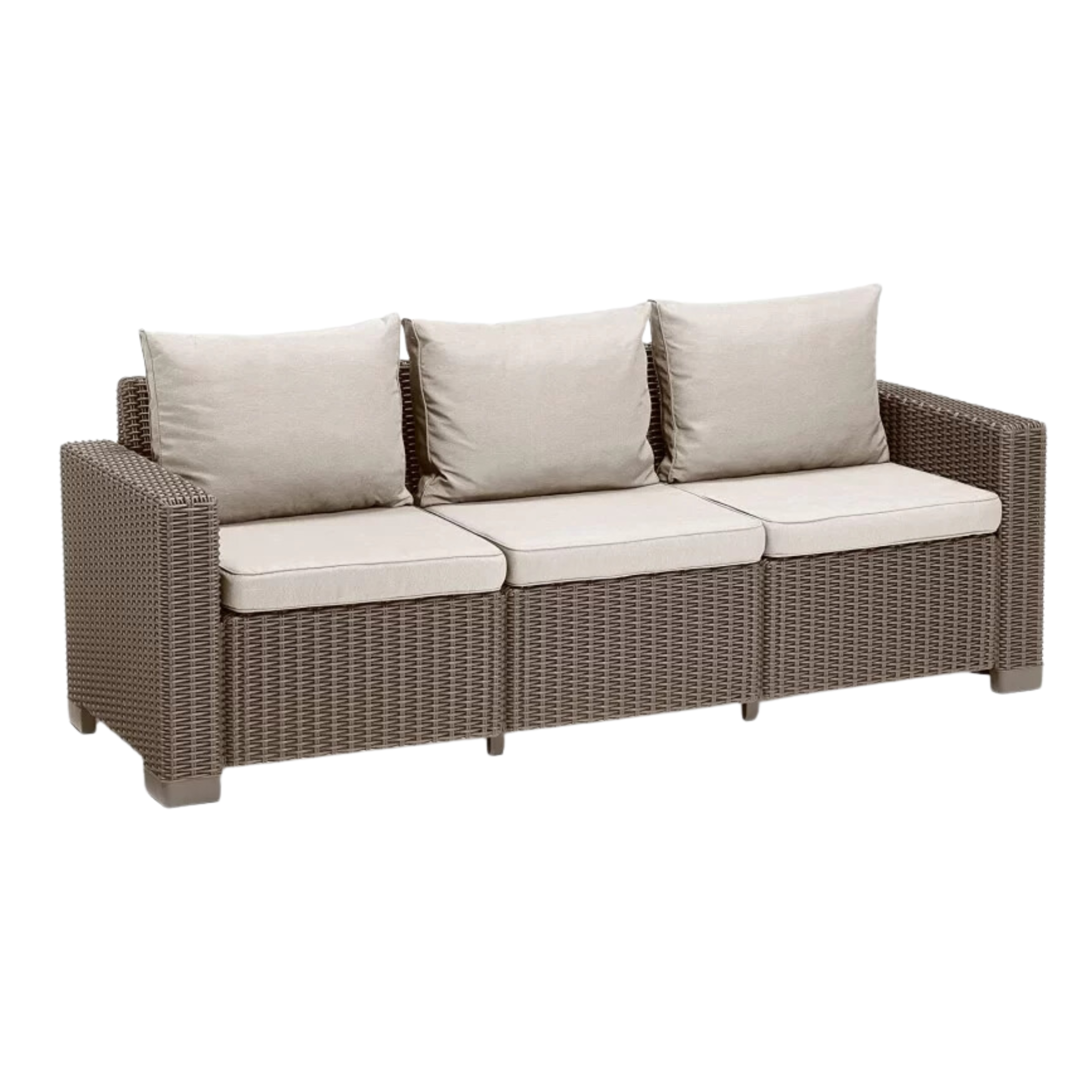Divano 3 posti da giardino "California" in resina effetto rattan con cuscini cm 198x68 71,5h