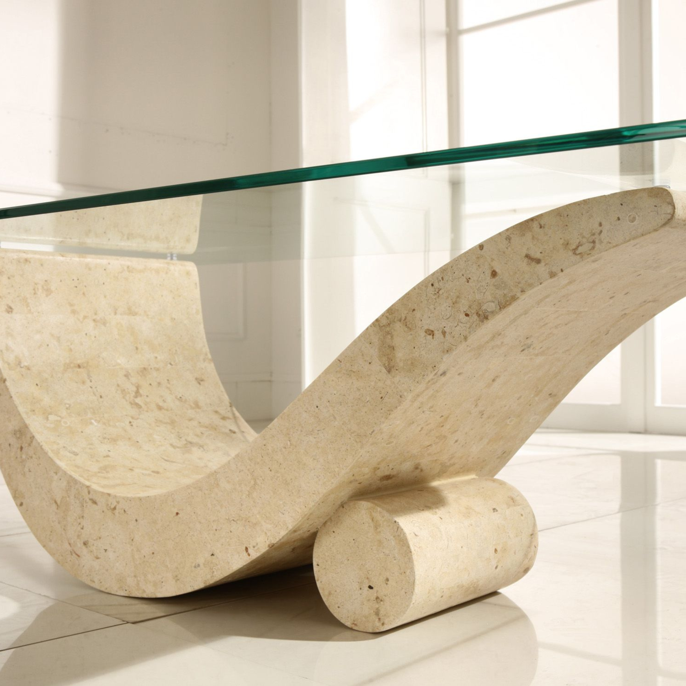 Tavolino basso in pietra fossile "Gary" top in vetro temperato cm 120x70 40h