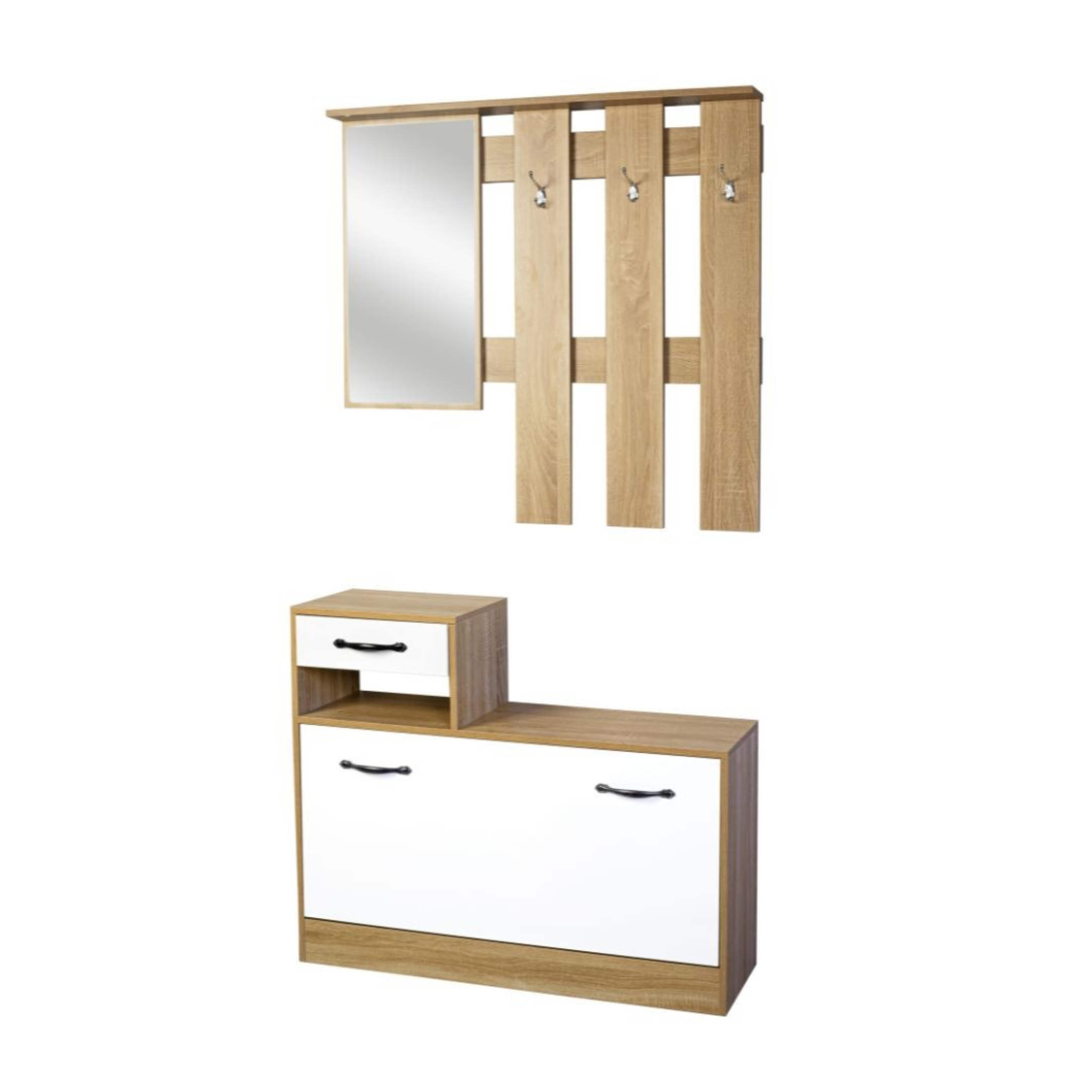 Scarpiera da ingresso in legno "Rudolf" con specchio e appendiabiti cm 100x26 180h