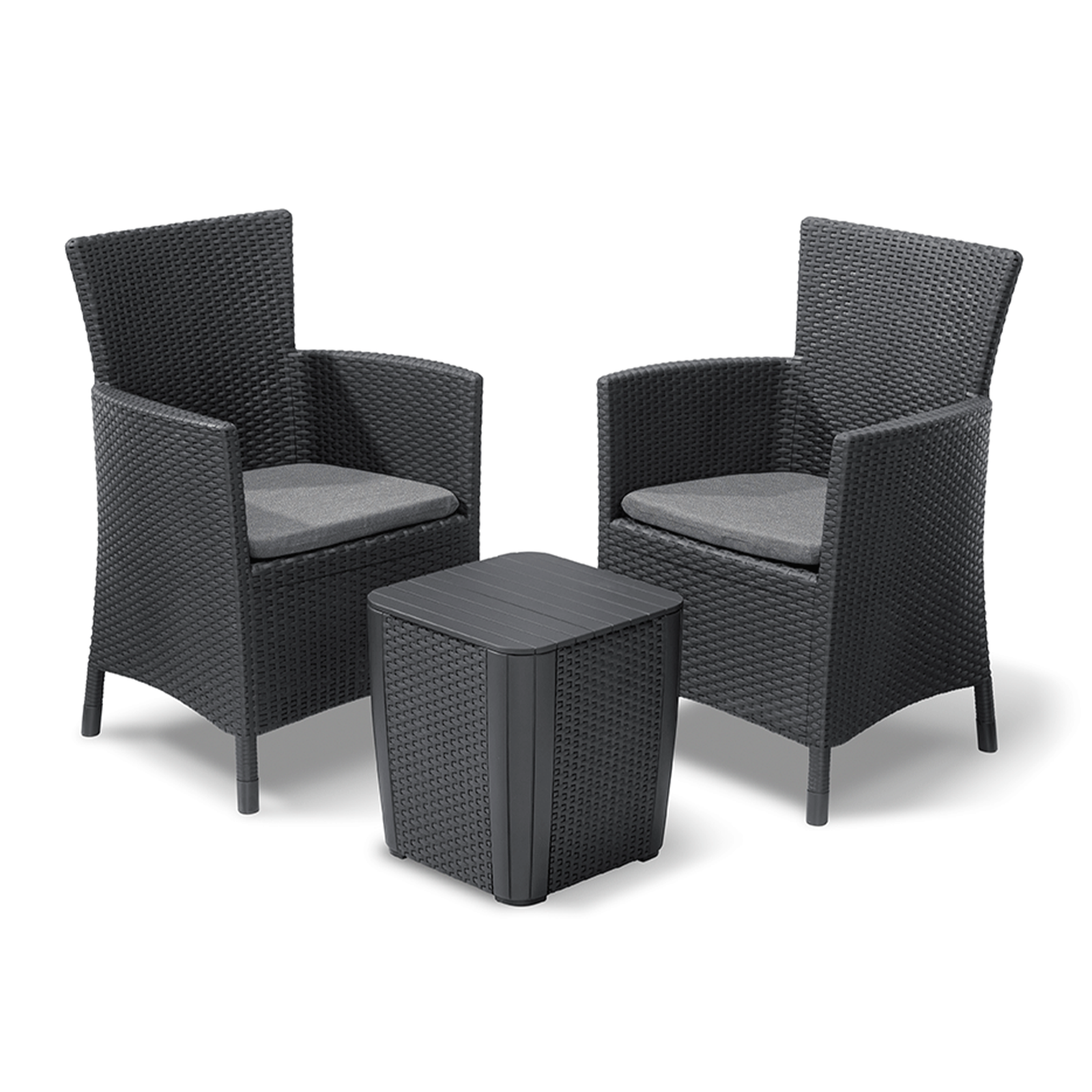 Salottino da giardino "Iowa Balcony" in resina rattan tavolino + 2 poltrone con cuscini