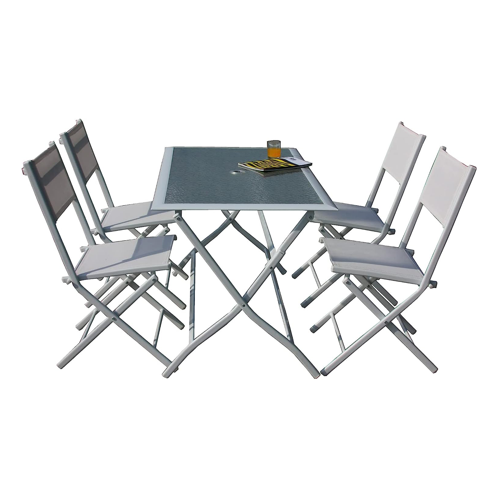 Set da pranzo 4 sedie + tavolo "Astro" pieghevoli in acciaio bianco per giardino