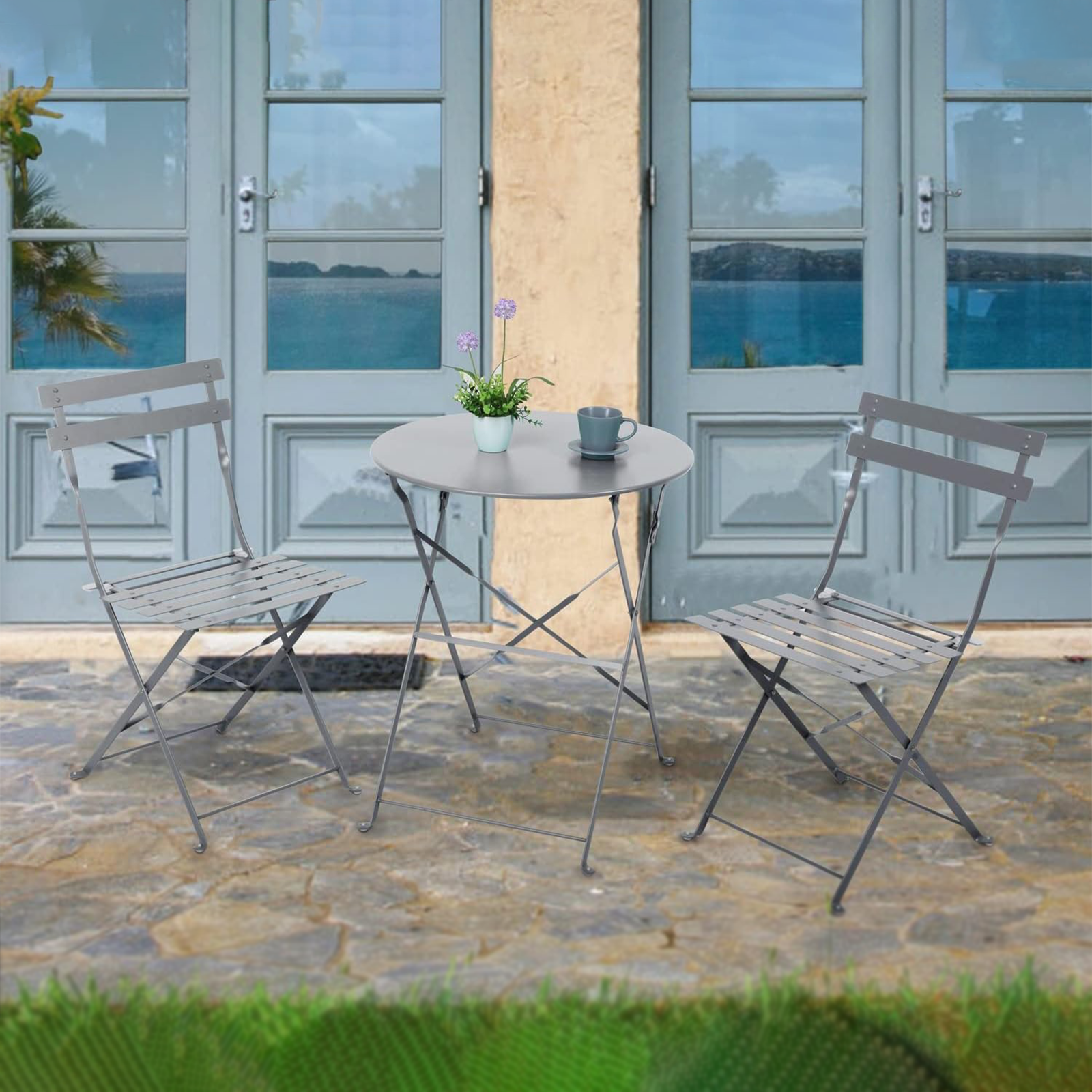 Set da pranzo in acciaio "Giotto" con 2 sedie + tavolo tondo pieghevole