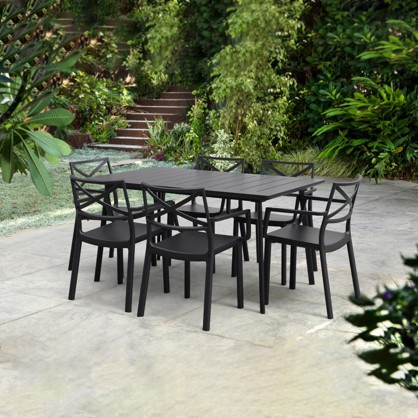 Tavolo da pranzo in resina "Cast Iron" piano effetto ghisa per giardino cm 150x90 74h
