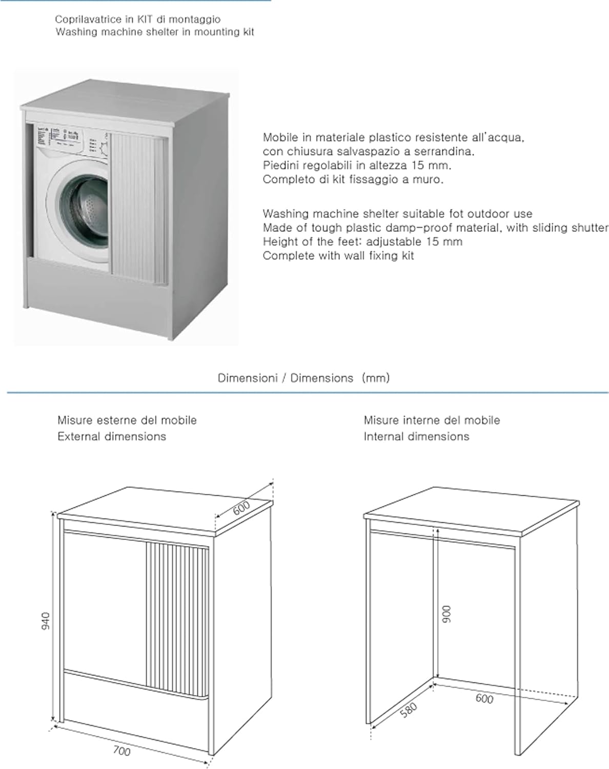 Mobile coprilavatrice in pvc"system01" apertura a serrandina piedini regolabili 65x70 94h