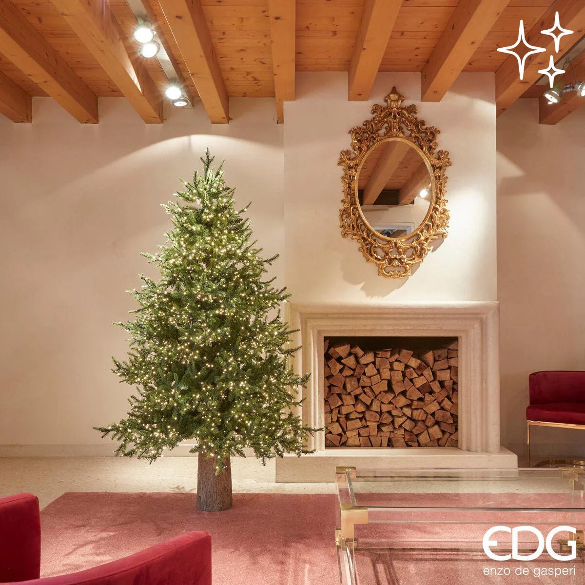 Albero di Natale "Pino Gold" con LED integrati, in PE Effetto Real Touch - MondoViro