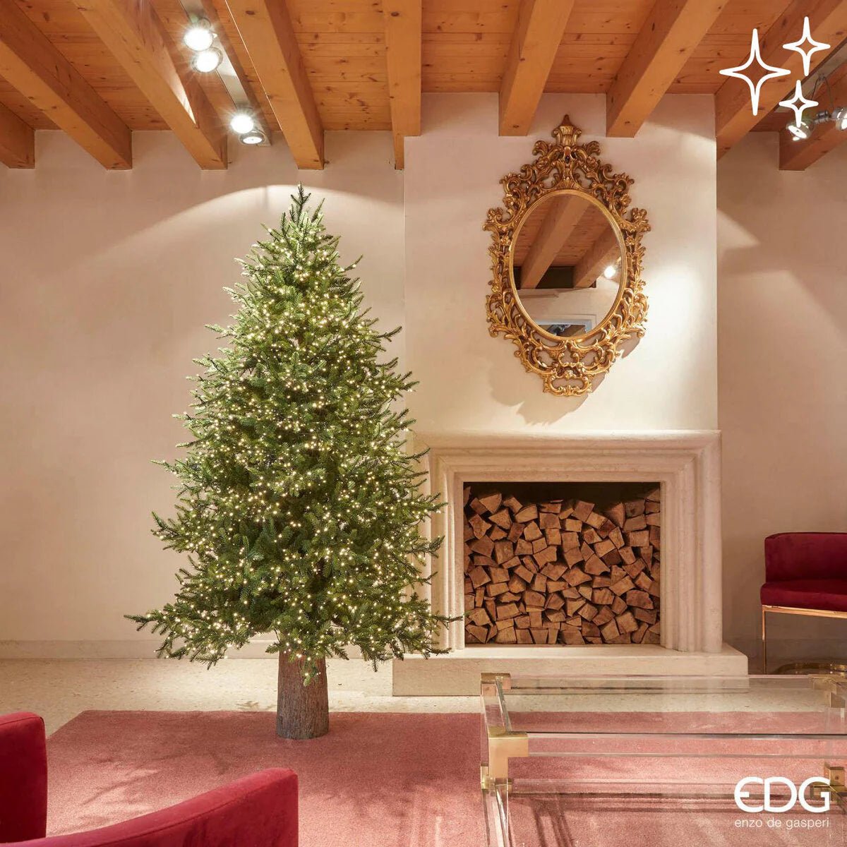 Albero di Natale "Pino Gold" con LED integrati, in PE Effetto Real Touch - MondoViro