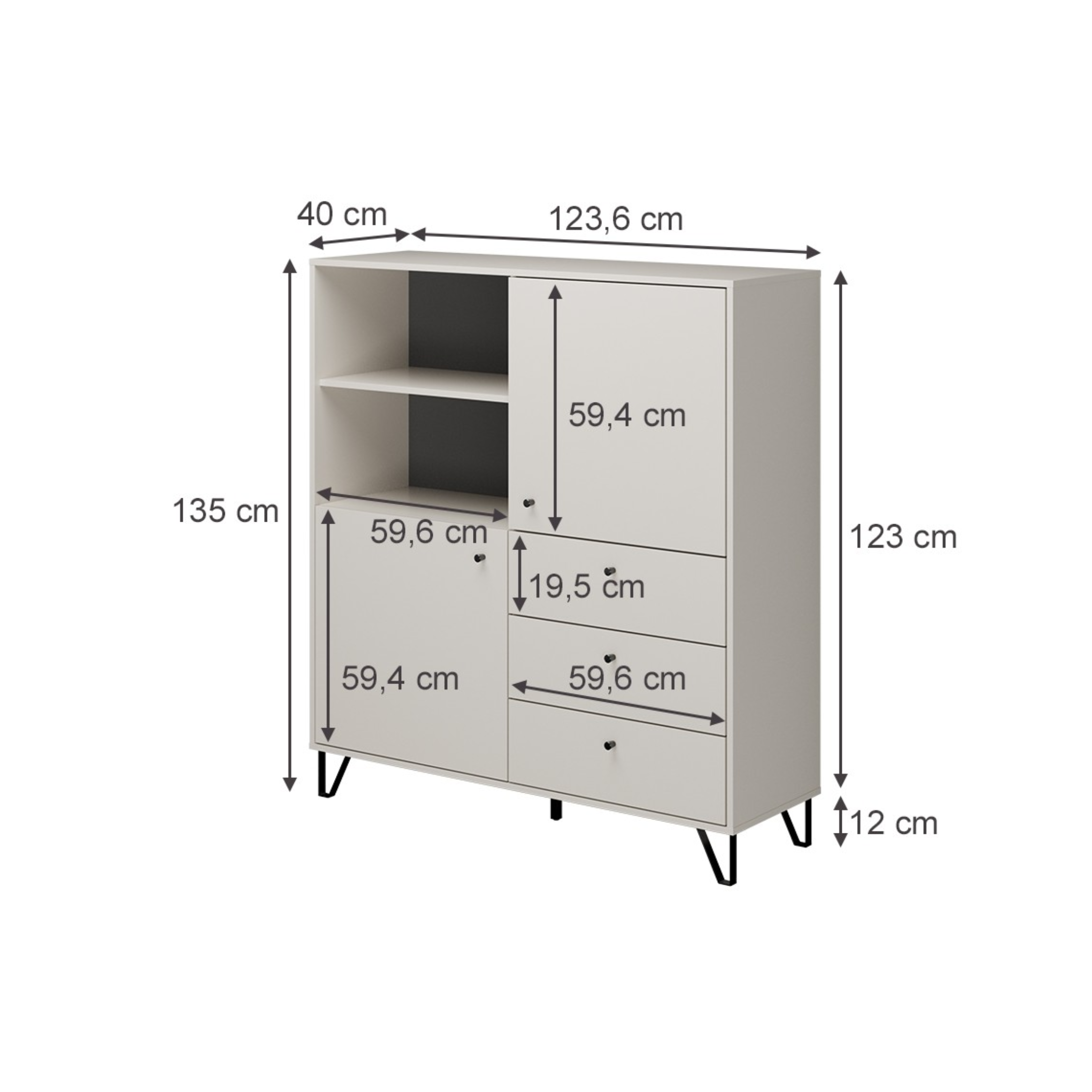 Mobile credenza "Aldo" in legno con piedini rialzati cm 123x40