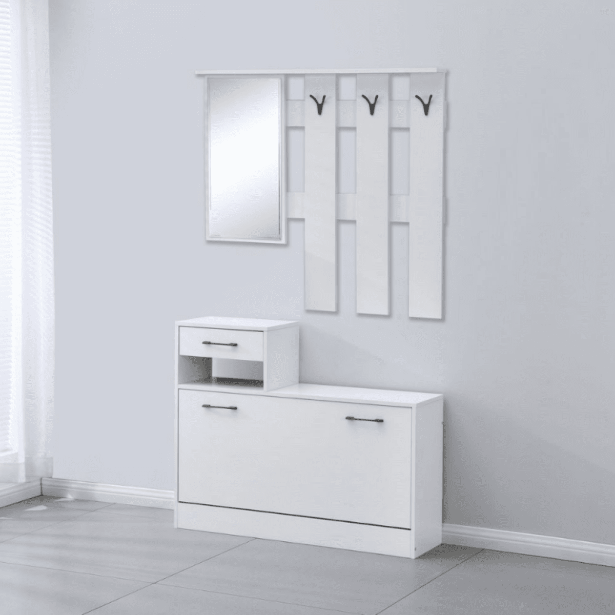 Scarpiera da ingresso in legno "Rudolf" con specchio e appendiabiti cm 100x26 180h - MondoViro