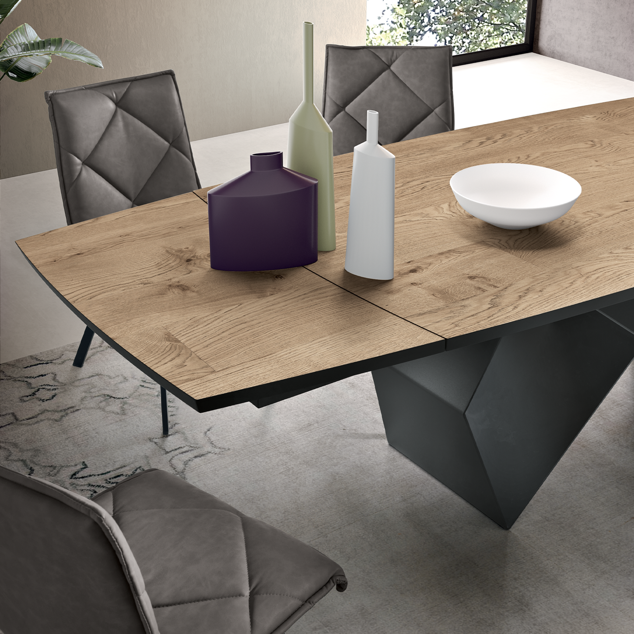 Tavolo allungabile da pranzo "Reina" con base in metallo e piano in rovere cm 200/300x100 75h