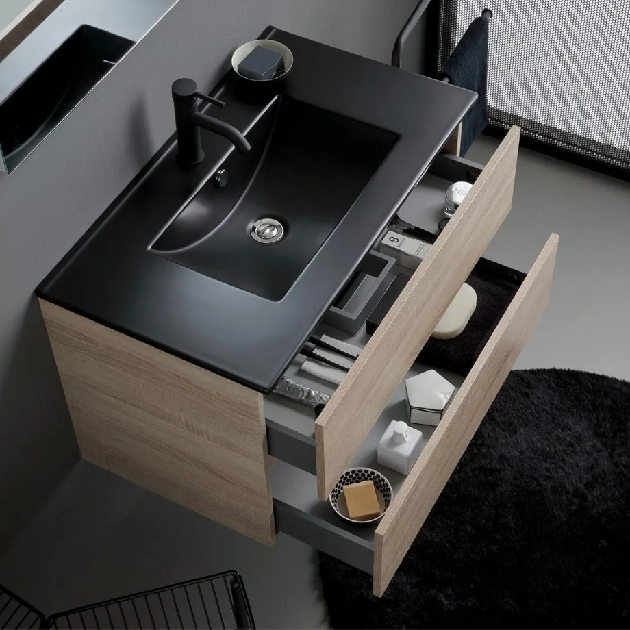 Mobile bagno sospeso 2 cassetti "Berlino80" color rovere con lavabo nero e specchio