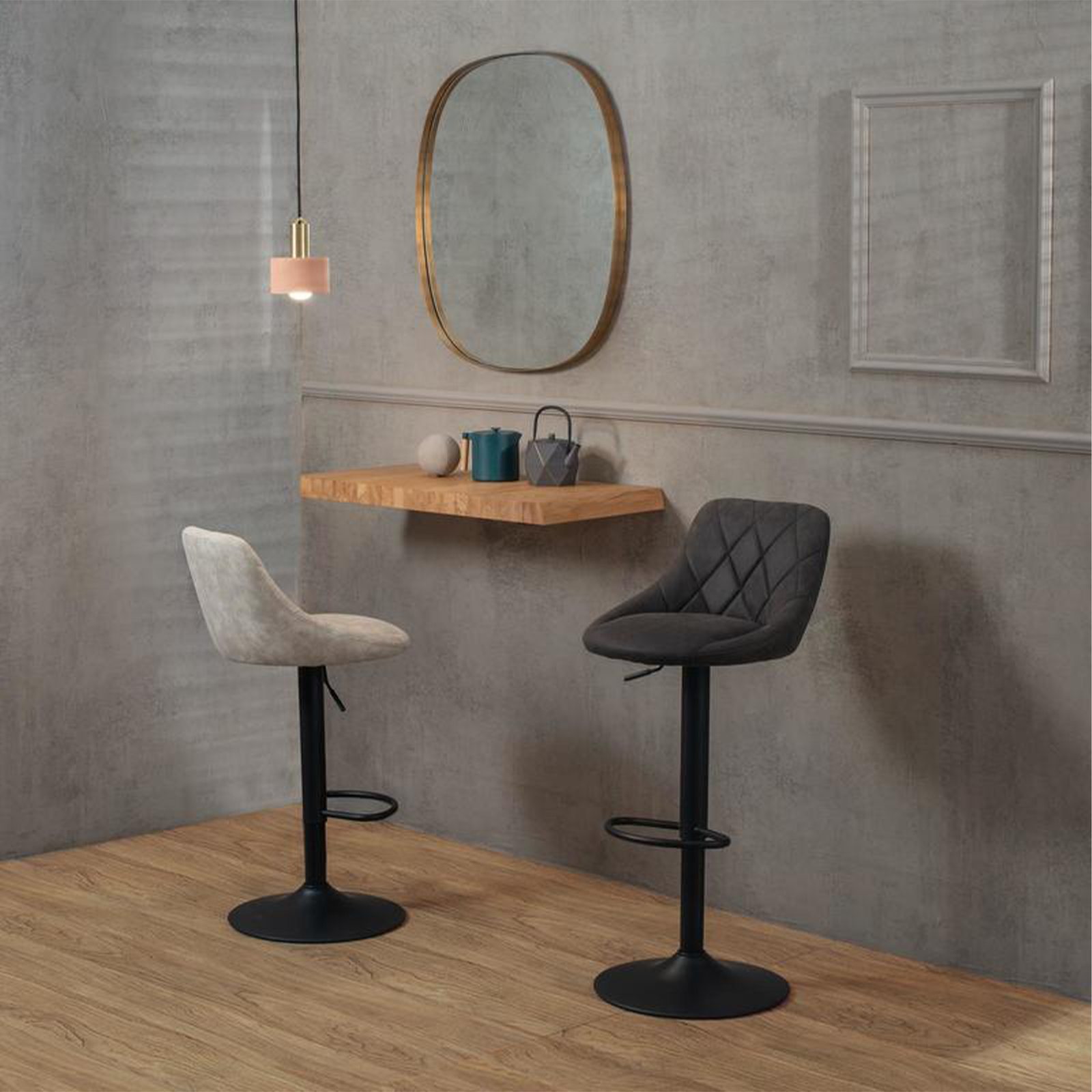 Set di sgabelli moderni alti "Tema" in tessuto imbottiti con poggiapiedi cm 50x45 84h