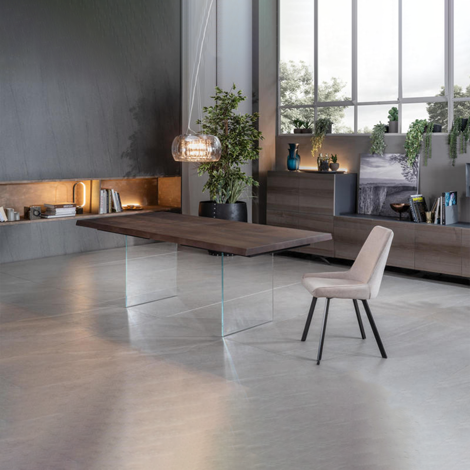 Tavolo fisso "Fabien" piano in legno gambe in vetro cm 200x100 76h