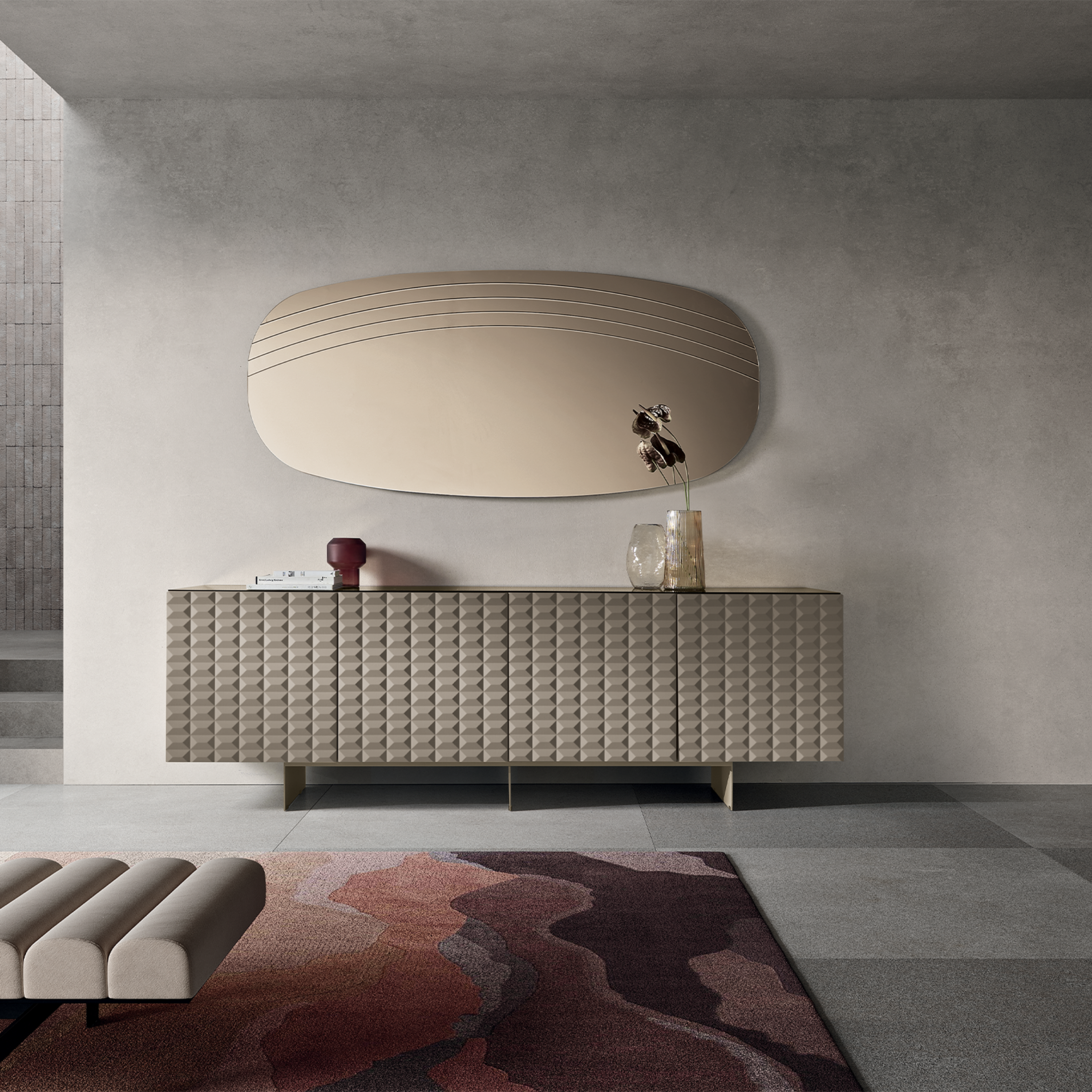 Specchio da parete "Mochi" elegante con incisioni laterali