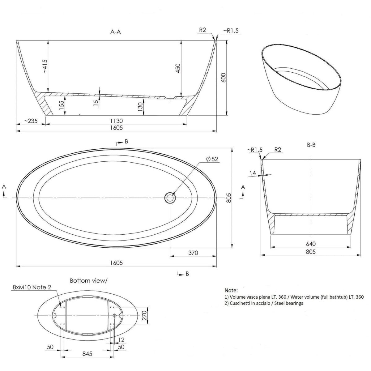 Vasca da bagno ovale moderna "Palma" in resina di marmo bianca cm cm 160,5x80,5 60h - MondoViro