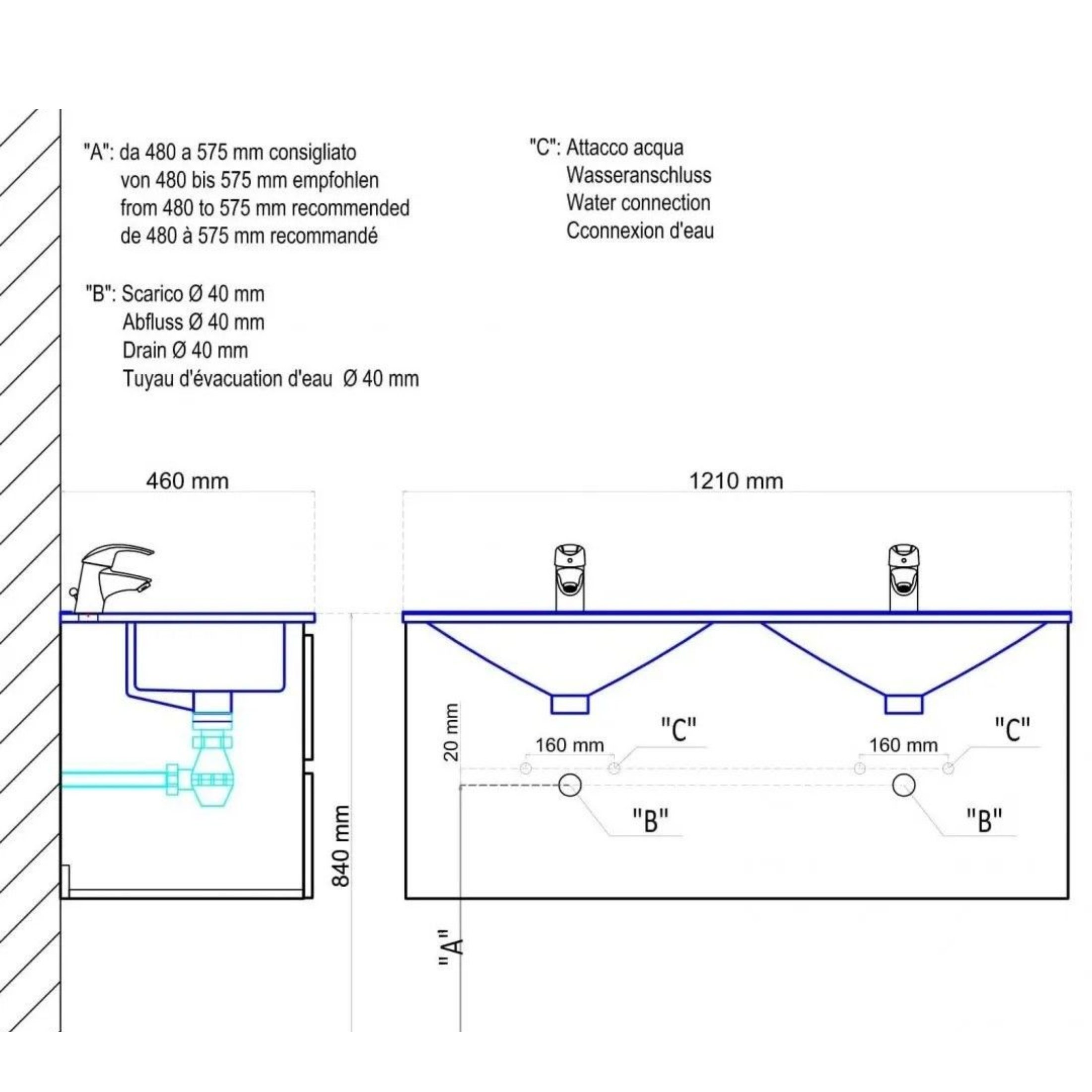 Mobile bagno "Belize120" cm con doppio lavabo e due cassetti finitura bianco legno