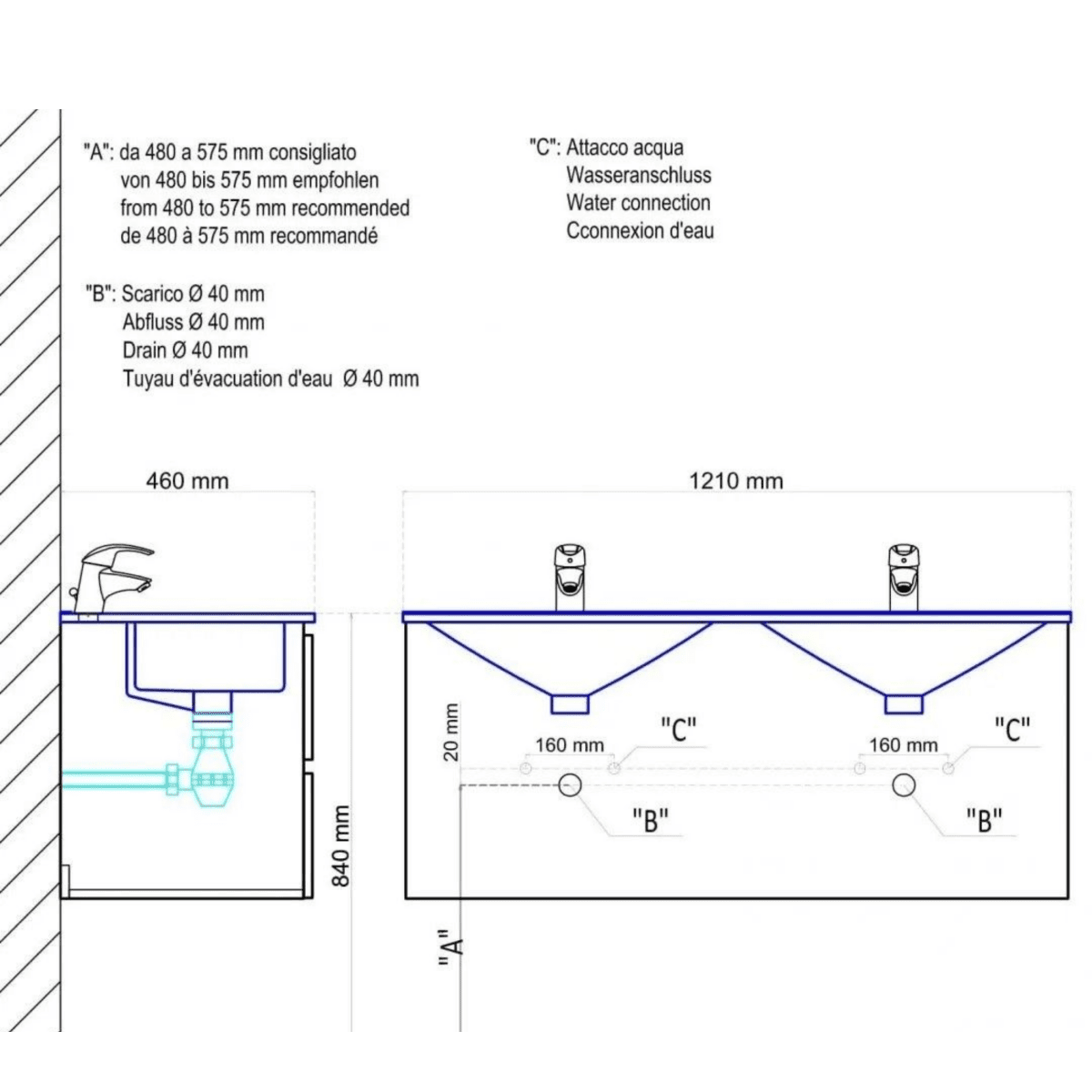 Mobile bagno "Belize120" cm con doppio lavabo e due cassetti finitura bianco legno - MondoViro