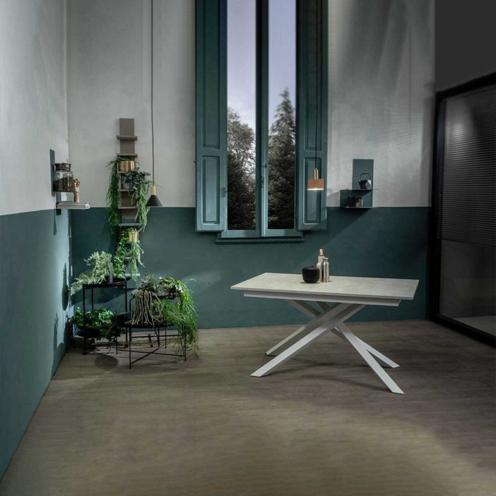 Tavolo moderno allungabile "Atene" con piano melaminico e gambe in metallo verniciato