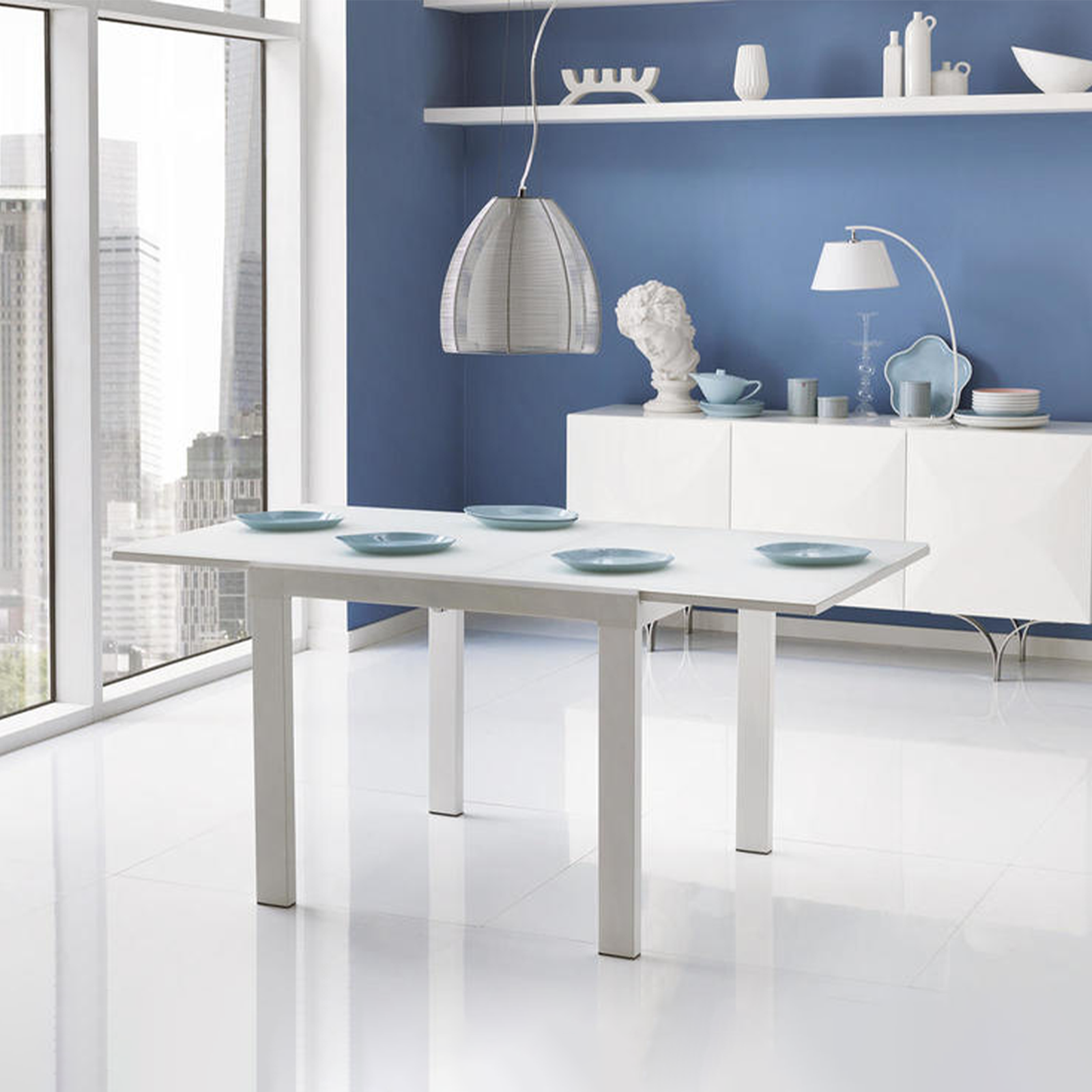 Tavolo allungabile "Benny" piano in vetro temperato struttura in metallo 6 posti cm 164x90 76h