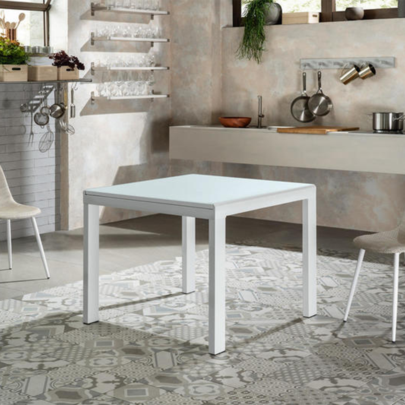 Tavolo allungabile "Benny" piano in vetro temperato struttura in metallo 6 posti cm 164x90 76h