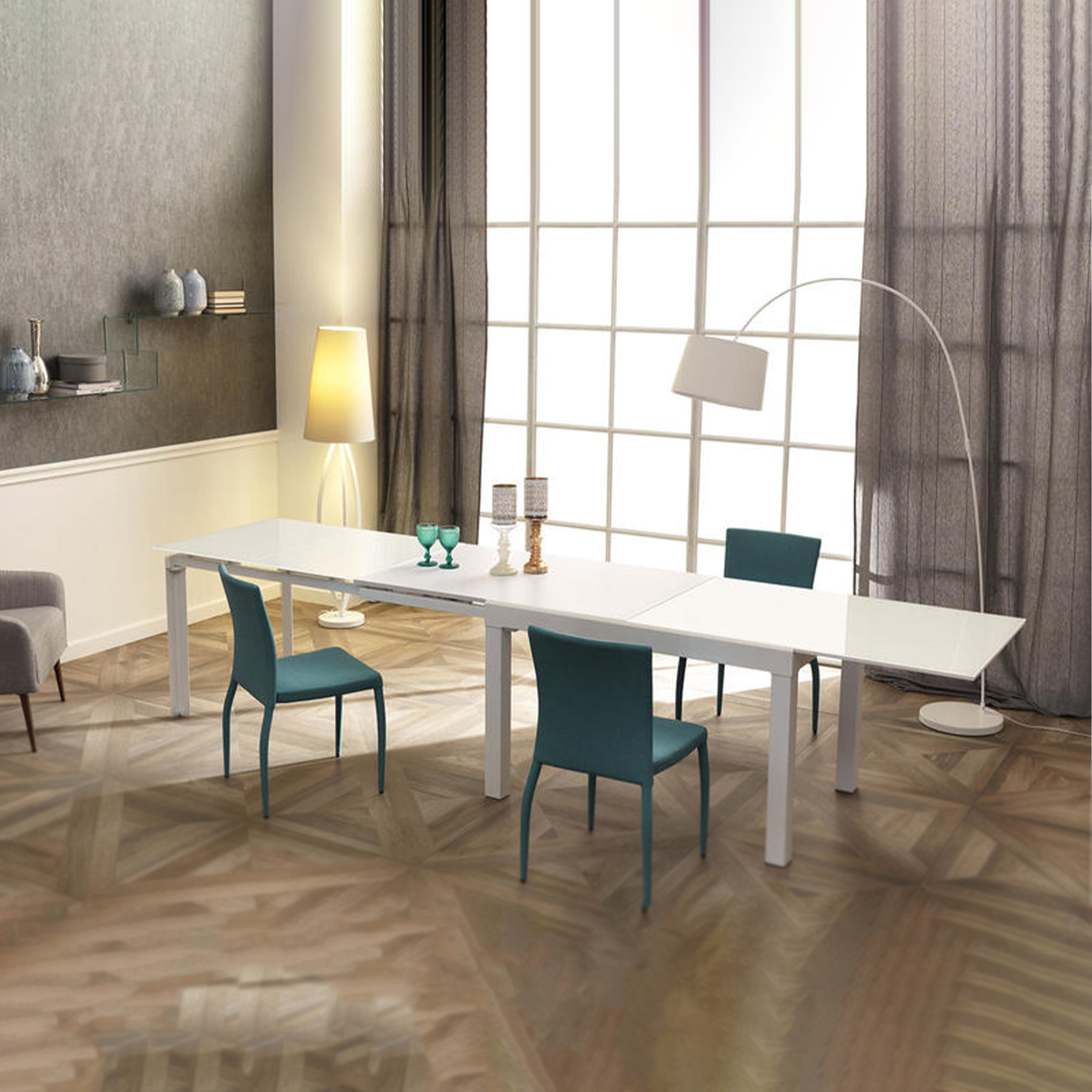 Tavolo allungabile "Rodi" piano in vetro struttura in metallo 10 posti cm 120/350x83 75h