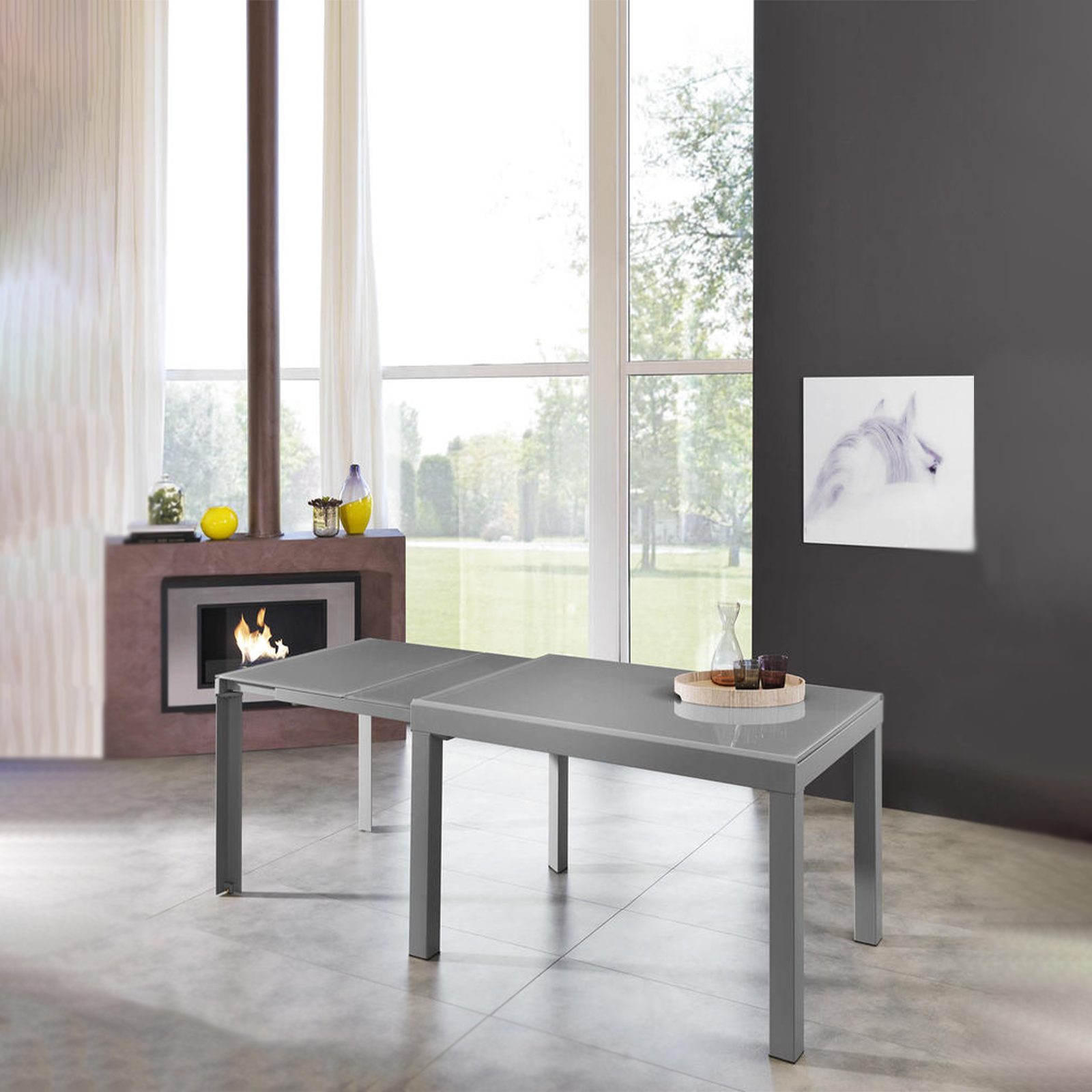 Tavolo allungabile "Rodi" piano in vetro struttura in metallo 10 posti cm 120/350x83 75h