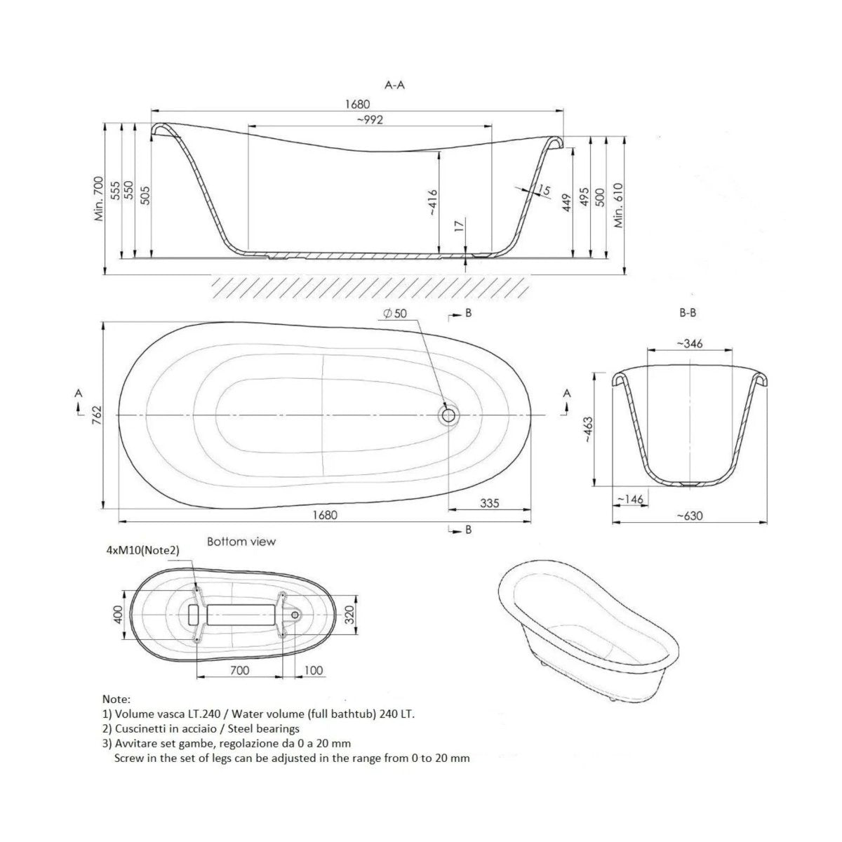 Vasca da bagno classica freestanding "Romanza" in marmo ricomposto cm 168x76 55h - MondoViro