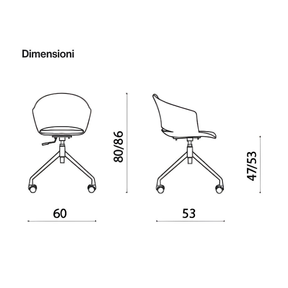 Sedia girevole "Elite" con seduta in polipropilene ed imbottitura in tessuto cm 60x53 80/86h
