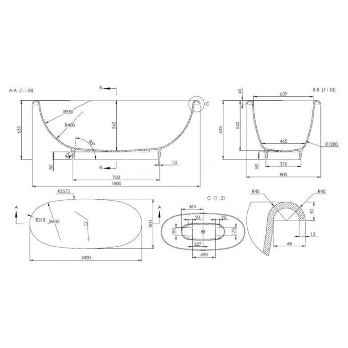 Vasca da bagno ovale freestanding "Rossana" in marmo ricomposto cm 181x80 63,3h - MondoViro