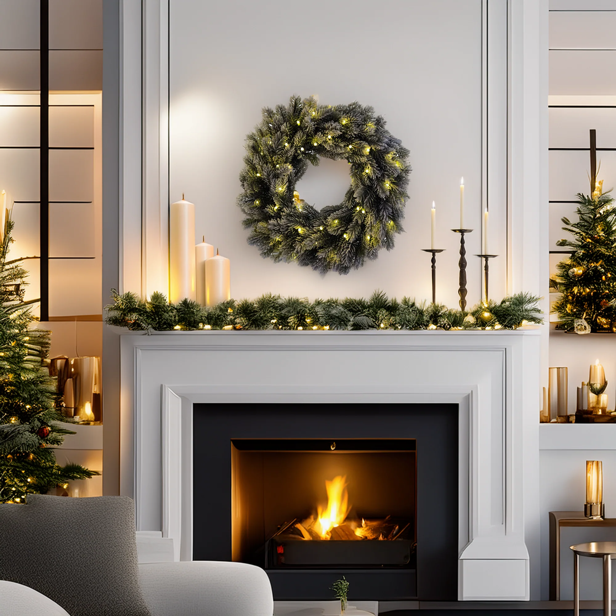 Corona "Wreath" innevata in PE Effetto Real Touch Ø 50 cm con led integrati