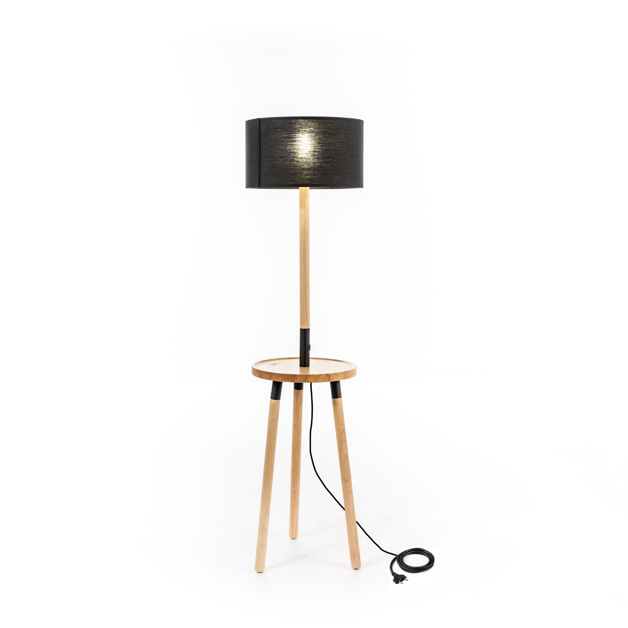 Lampada da terra in legno "Vega" con paralume in tessuto nero cm 40x40 135h
