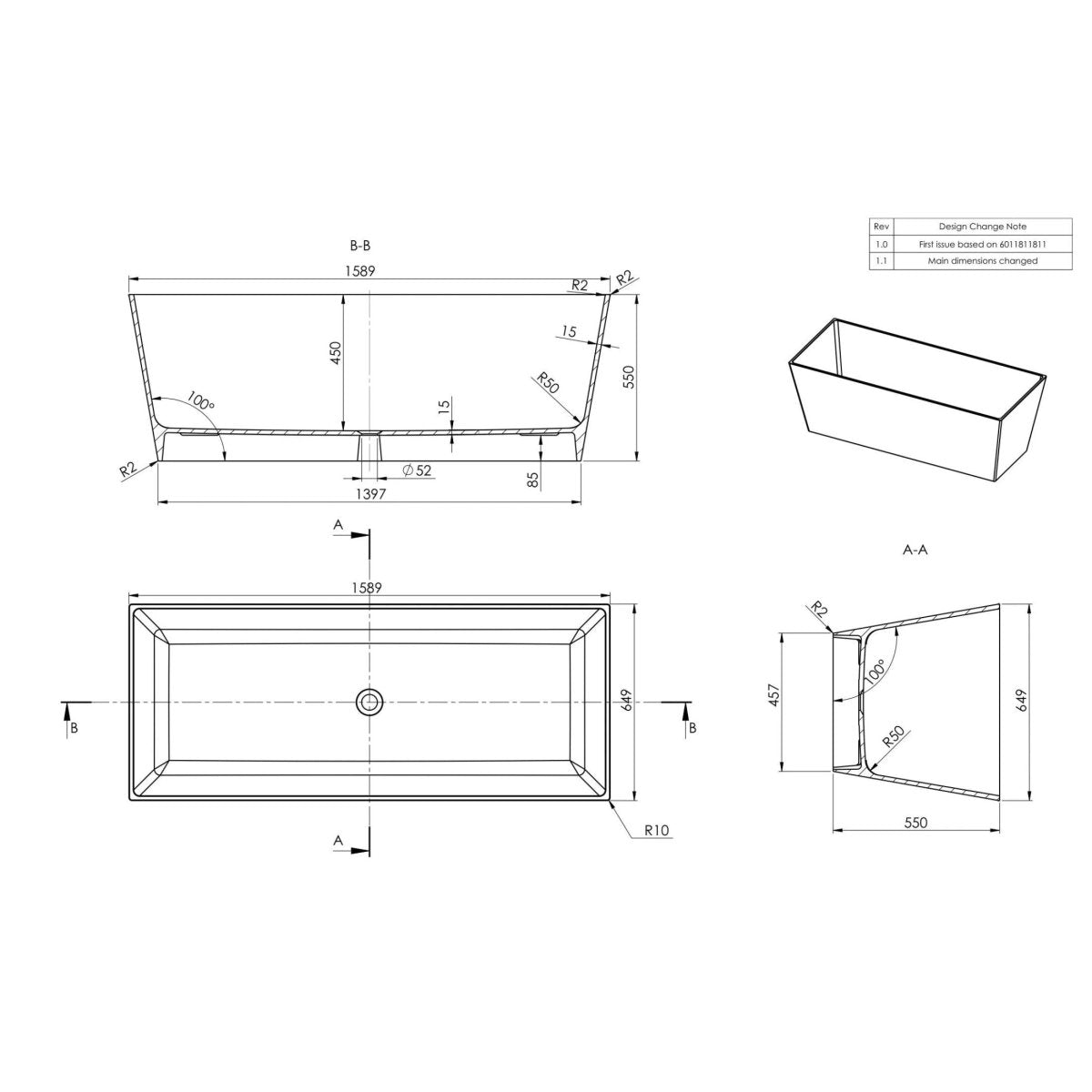 Vasca da bagno squadrata "Yoyo" autoportante in marmo ricomposto bianco cm 159x65 55h - MondoViro