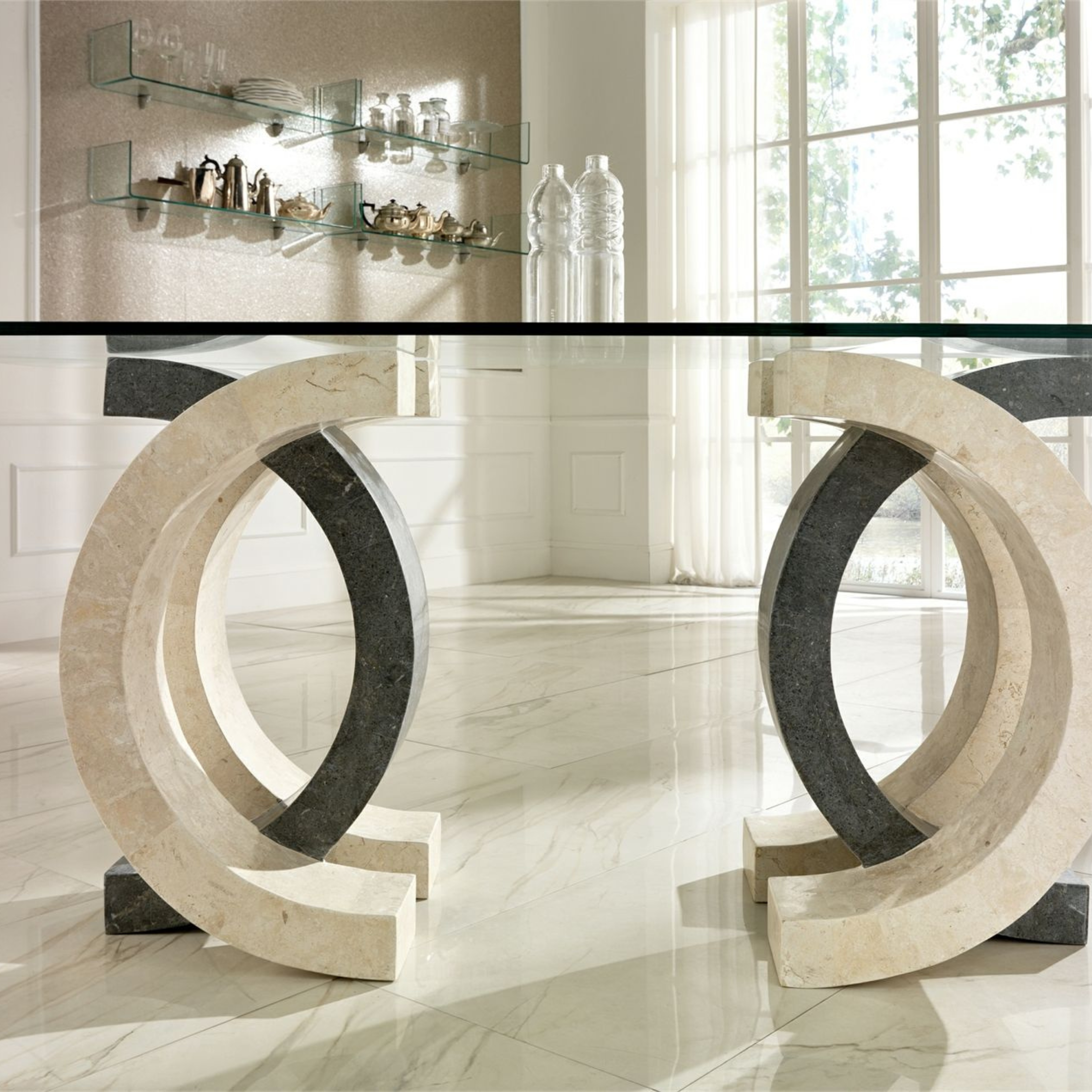 Tavolo da pranzo in pietra "Coco" top in vetro temperato cm 180x100 76h