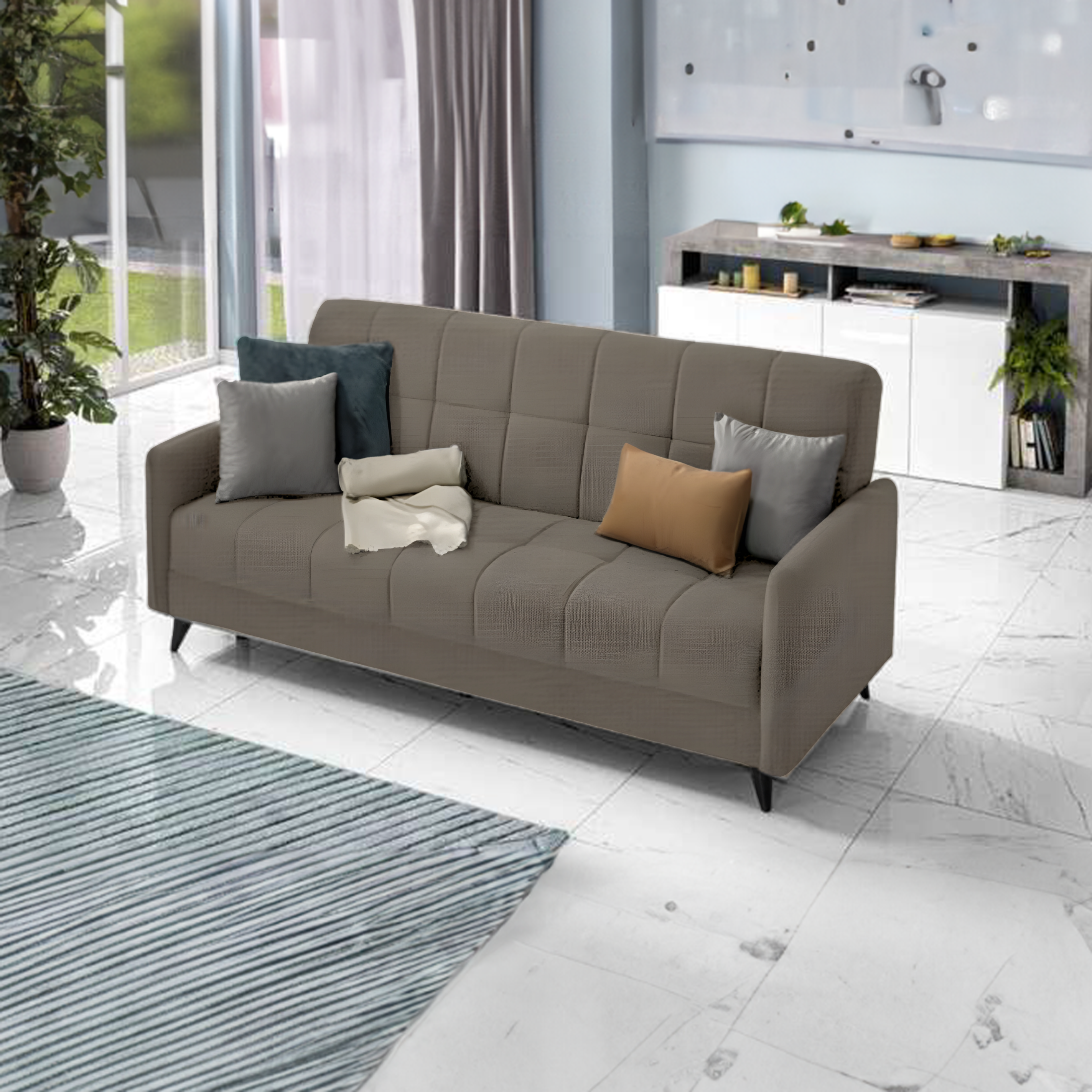 Divano letto a 3 posti contenitore "Santi Bacos" in velluto con 2 cuscini cm 211x92 98h