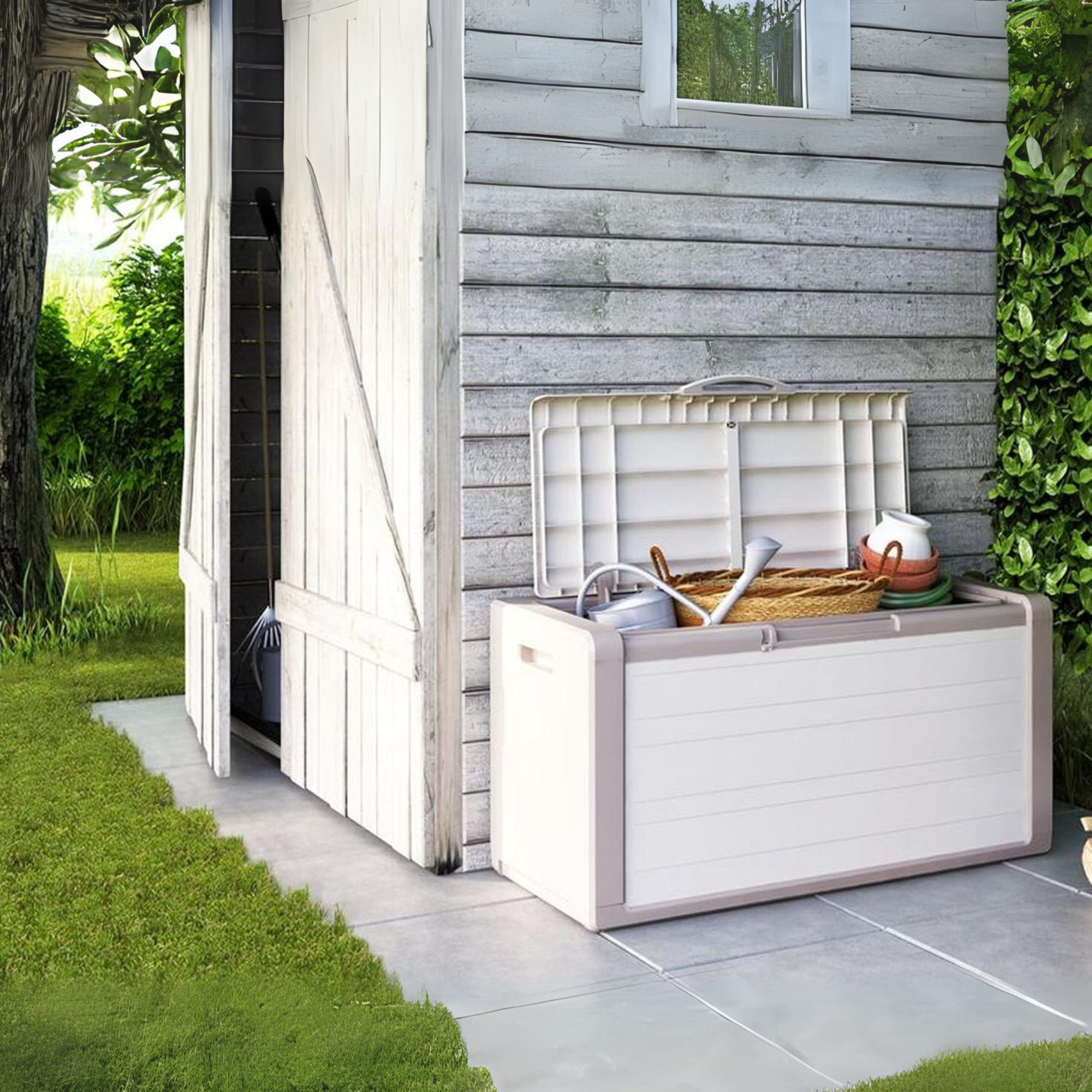 Cassapanca in resina bianca e beige "Gulliver" forziere con contenitore 300 Lt