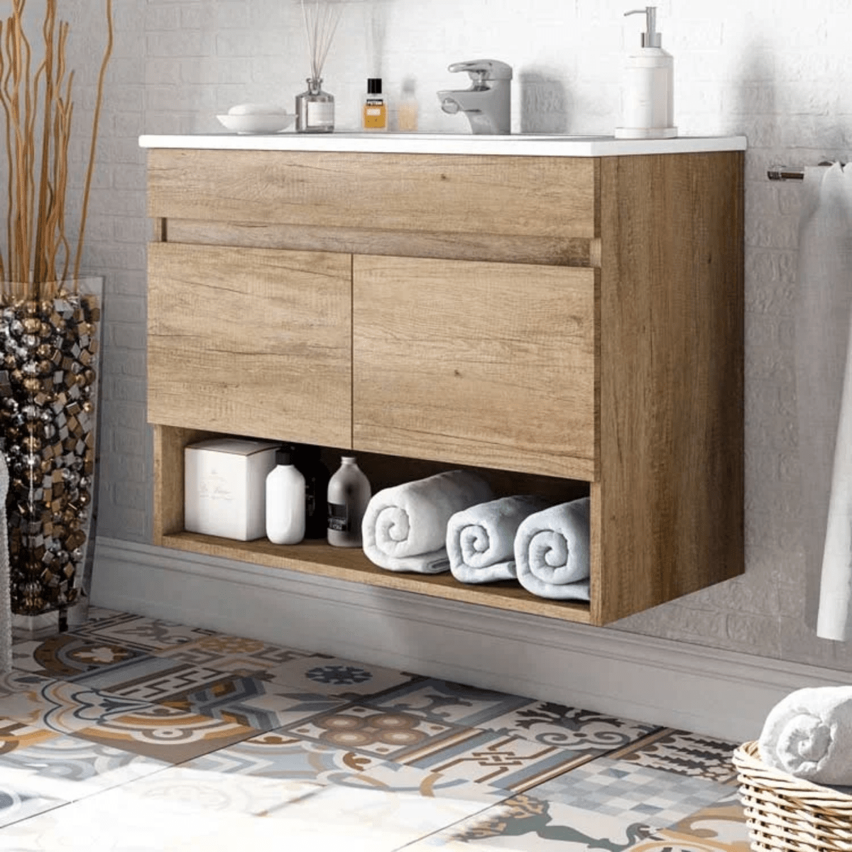 Mobile da bagno sospeso "Bali" 2 ante con specchio in legno rovere Nordik - MondoViro
