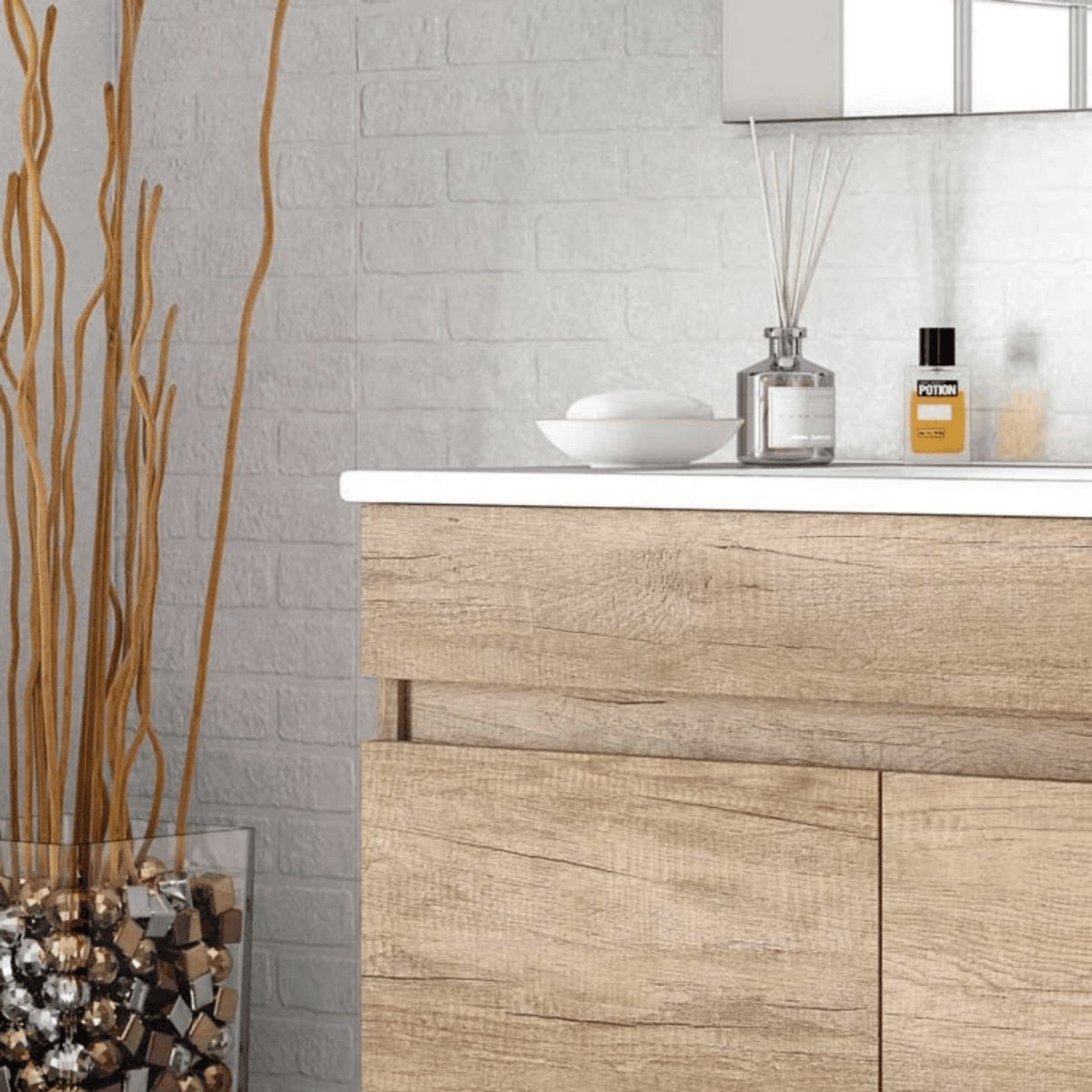 Mobile da bagno sospeso "Bali" 2 ante con specchio in legno rovere Nordik - MondoViro