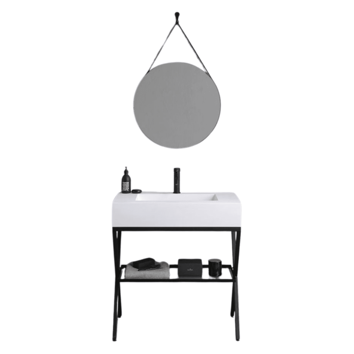 Mobile bagno a terra "Cancún" 80 cm con il lavabo in resina bianco e specchio rotondo con laccio in pelle - MondoViro