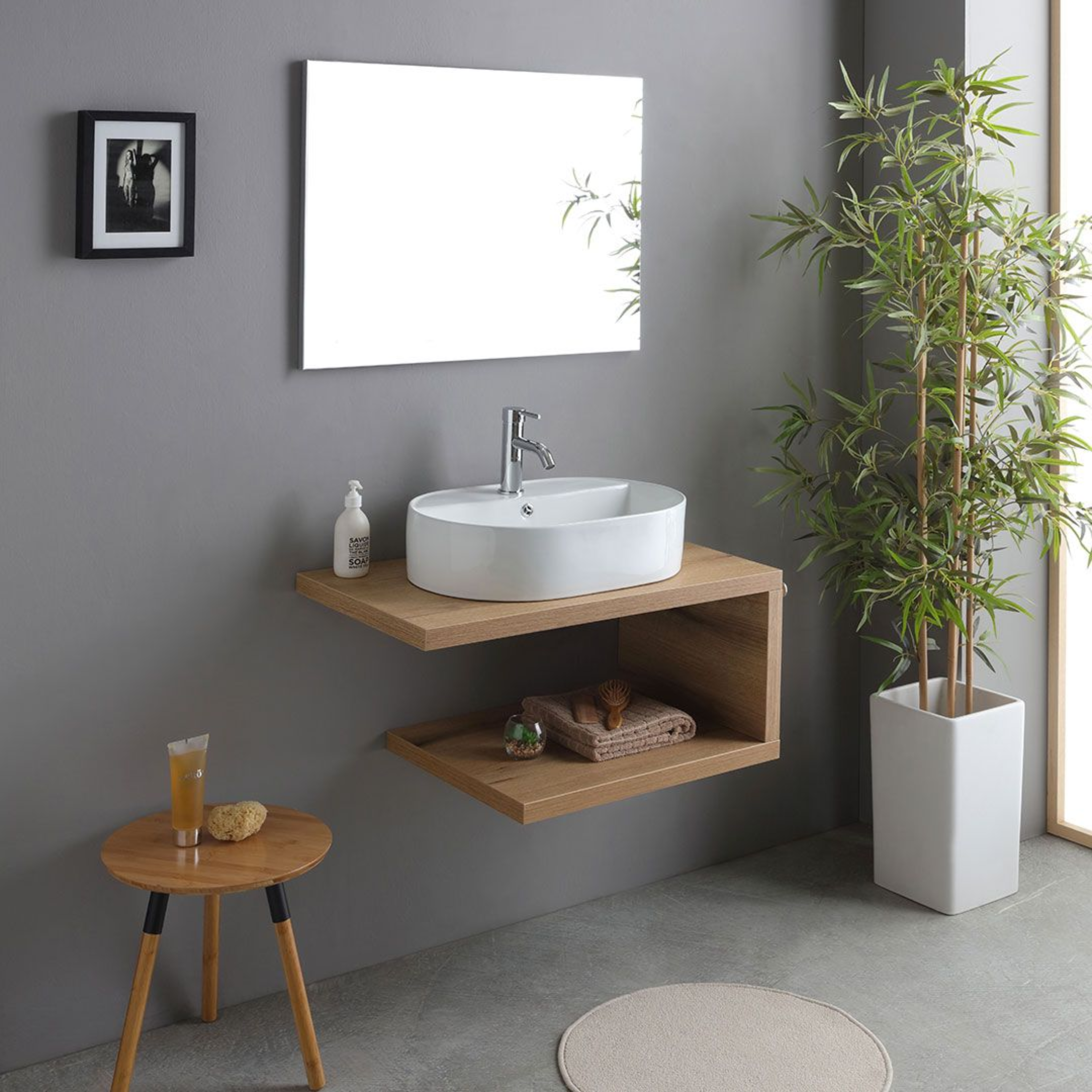 Mobile da bagno "Cipro" 80 cm sospeso in rovere naturale con lavabo in ceramica ovale bianco e specchio