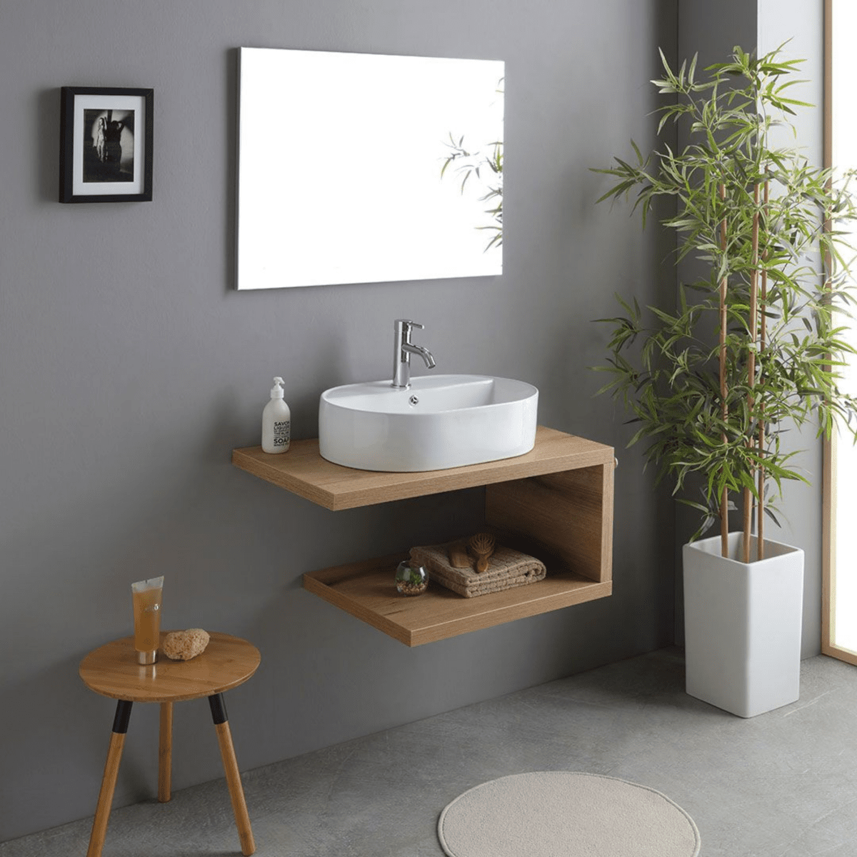 Mobile da bagno "Cipro" 80 cm sospeso in rovere naturale con lavabo in ceramica ovale bianco e specchio - MondoViro