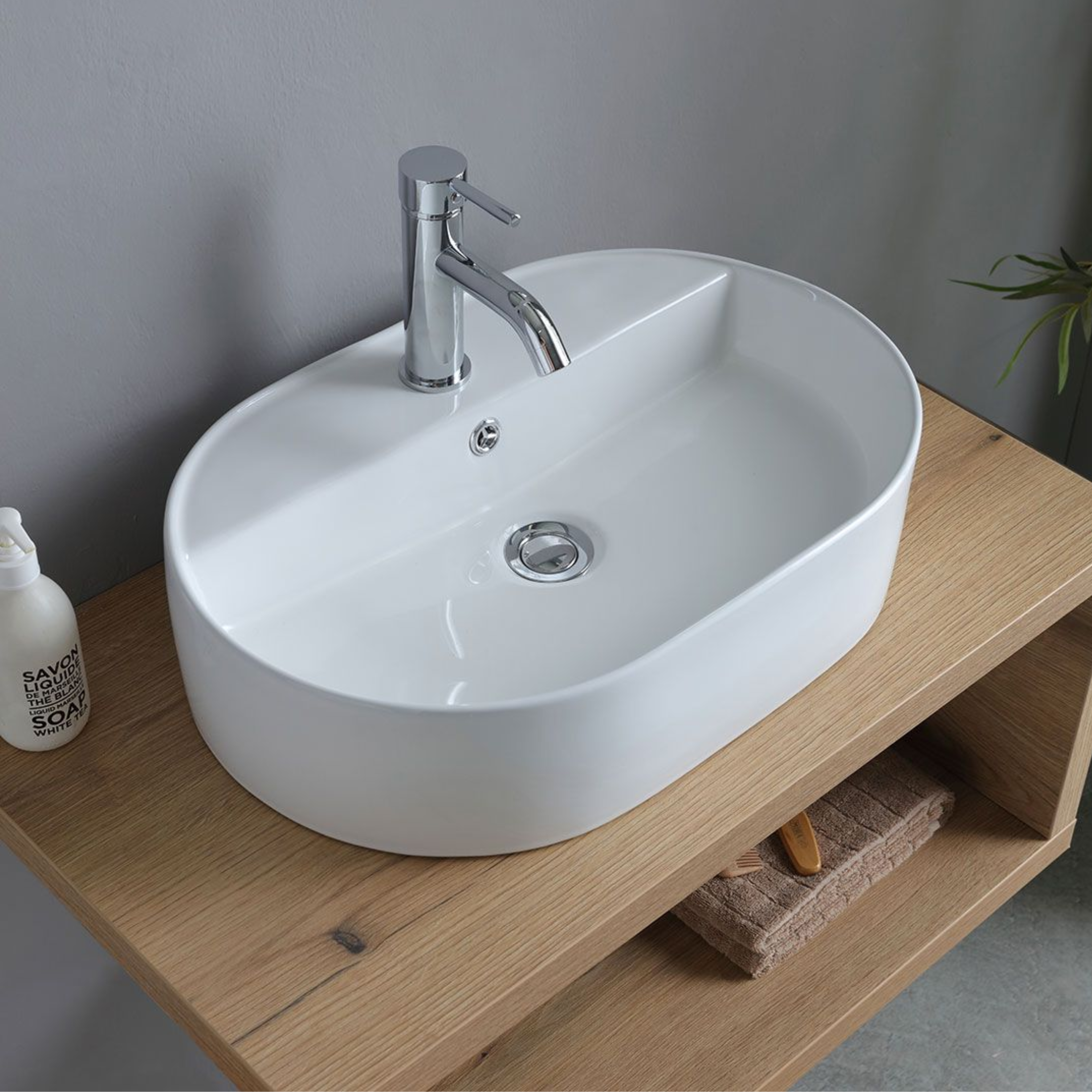 Mobile da bagno "Cipro" 80 cm sospeso in rovere naturale con lavabo in ceramica ovale bianco e specchio