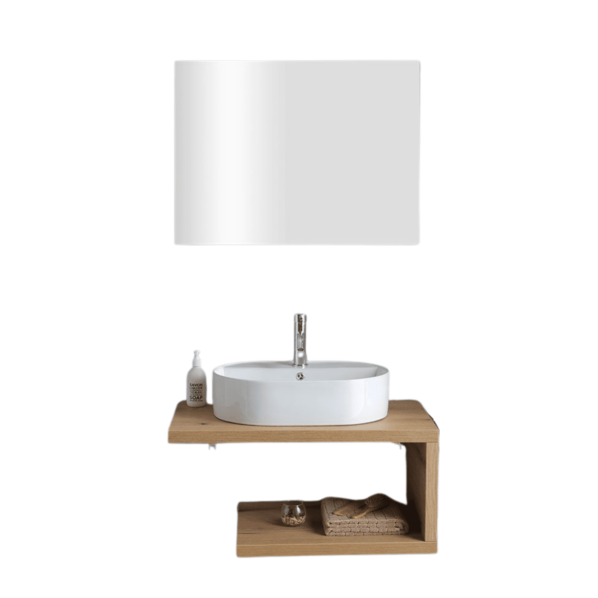 Mobile da bagno "Cipro" 80 cm sospeso in rovere naturale con lavabo in ceramica ovale bianco e specchio - MondoViro
