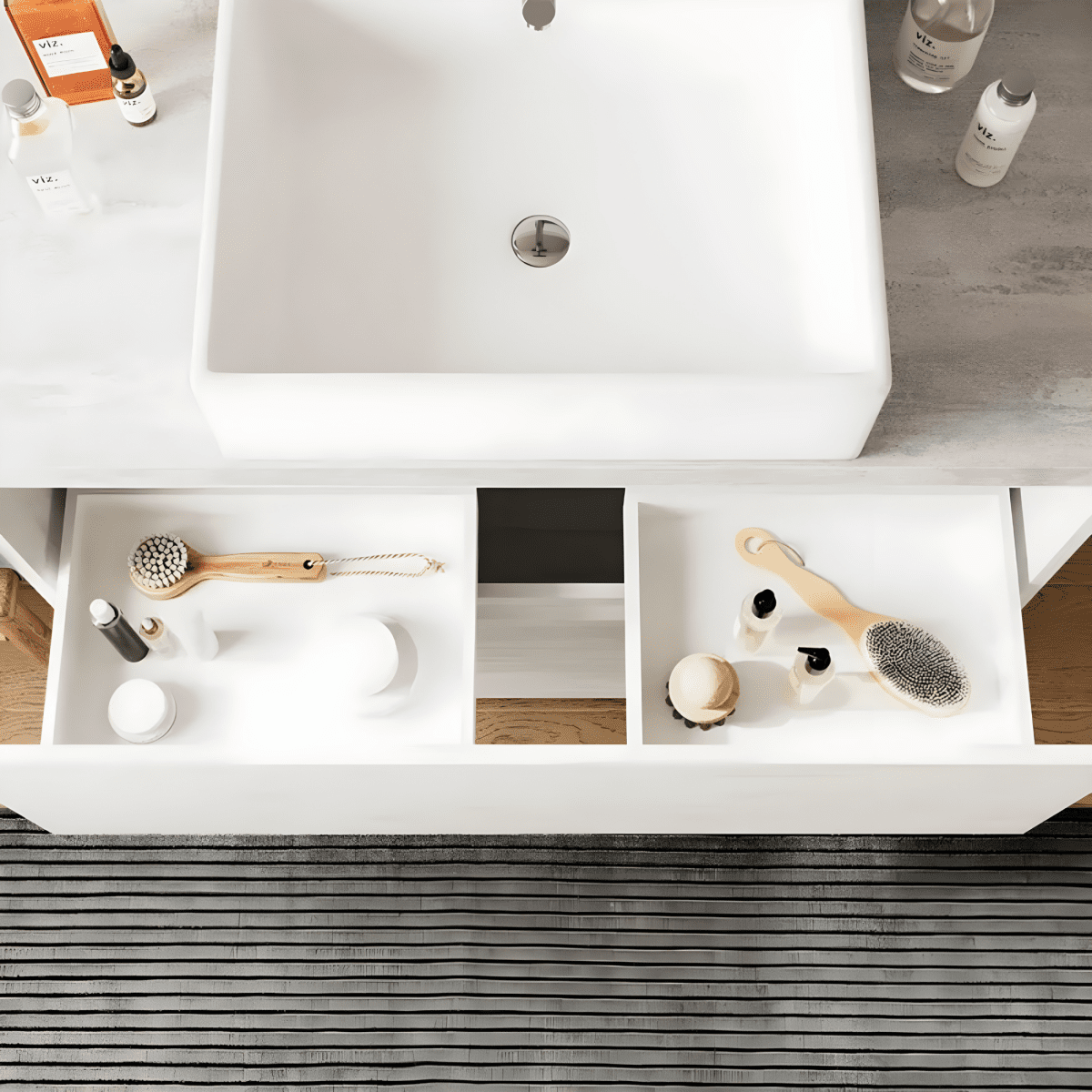 Mobile da bagno moderno in legno "Elorin" con top specchio LED e lavabo da appoggio - MondoViro