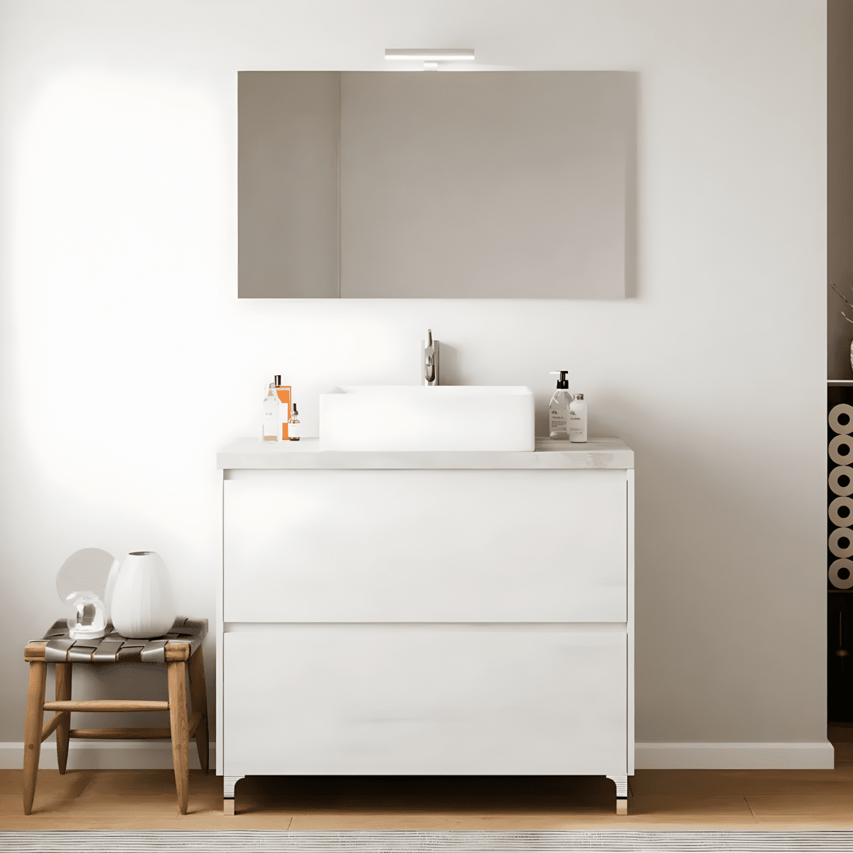 Mobile da bagno moderno in legno "Elorin" con top specchio LED e lavabo da appoggio - MondoViro