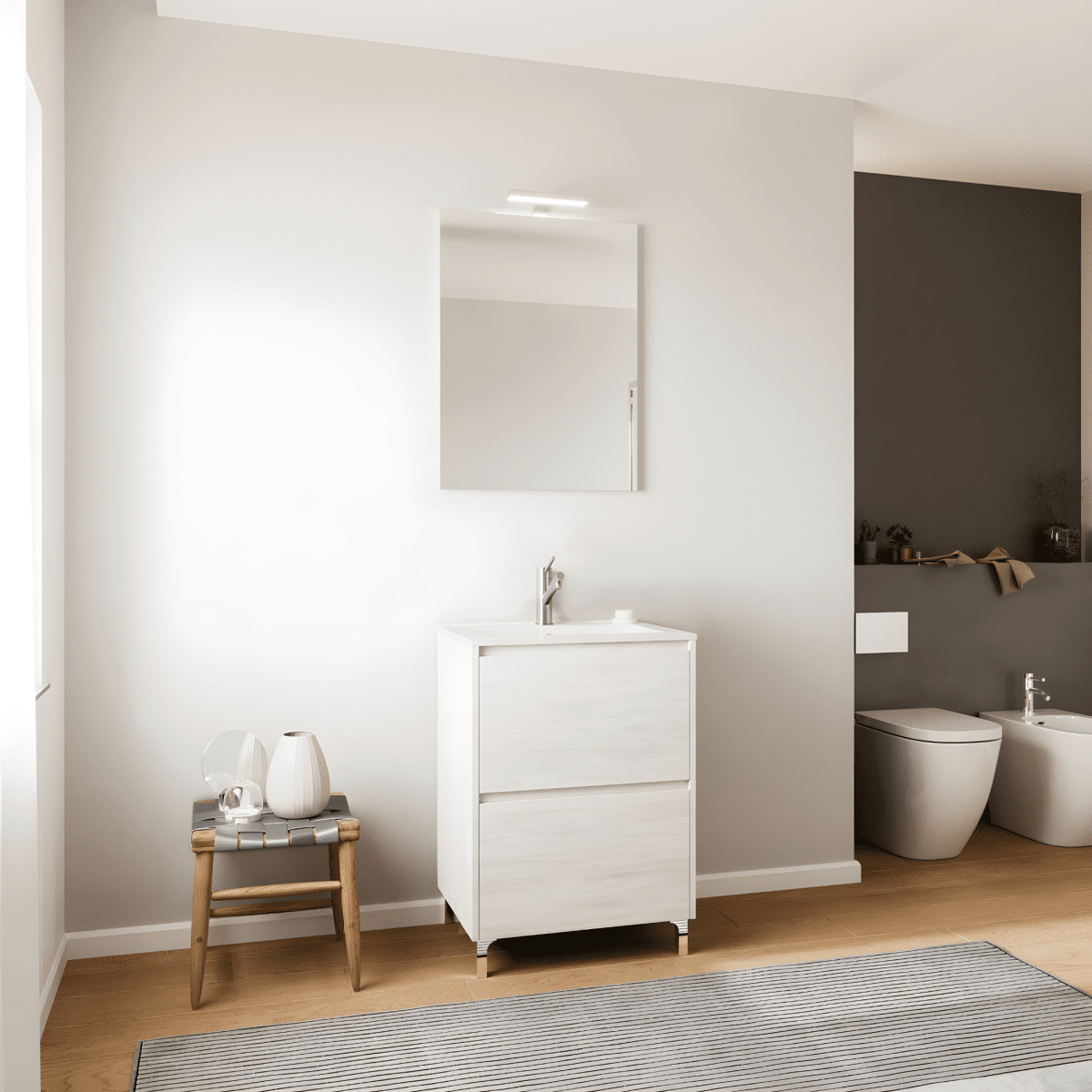 Mobile da bagno moderno "Elo" in legno con lavabo integrato e specchio LED - MondoViro